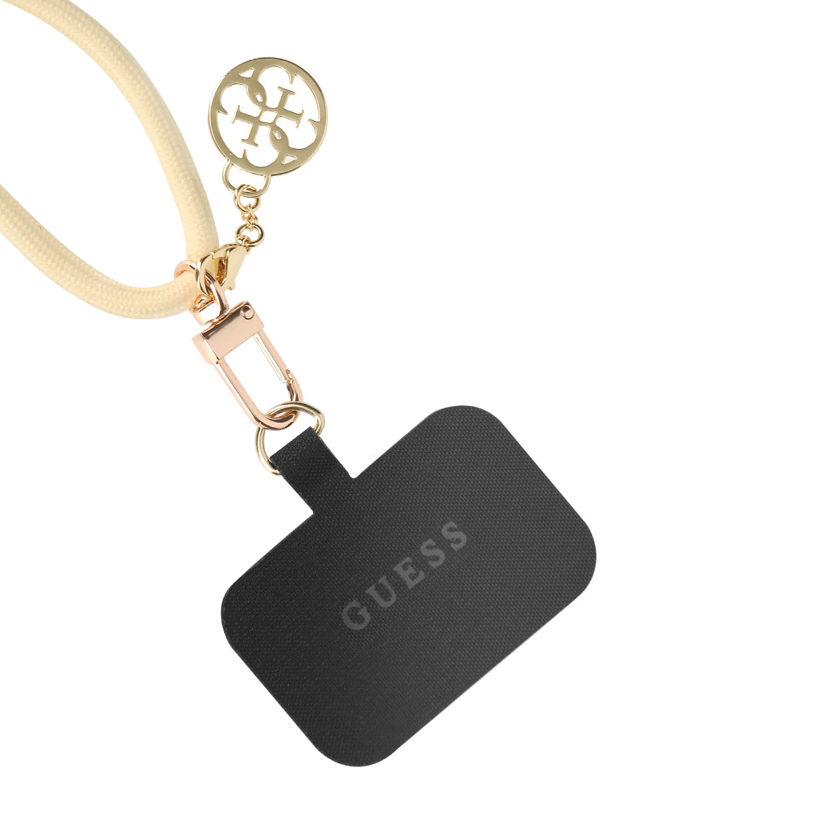 Un ciondolo per telefono 'Guess' dorato con supporto nero e cordino beige.