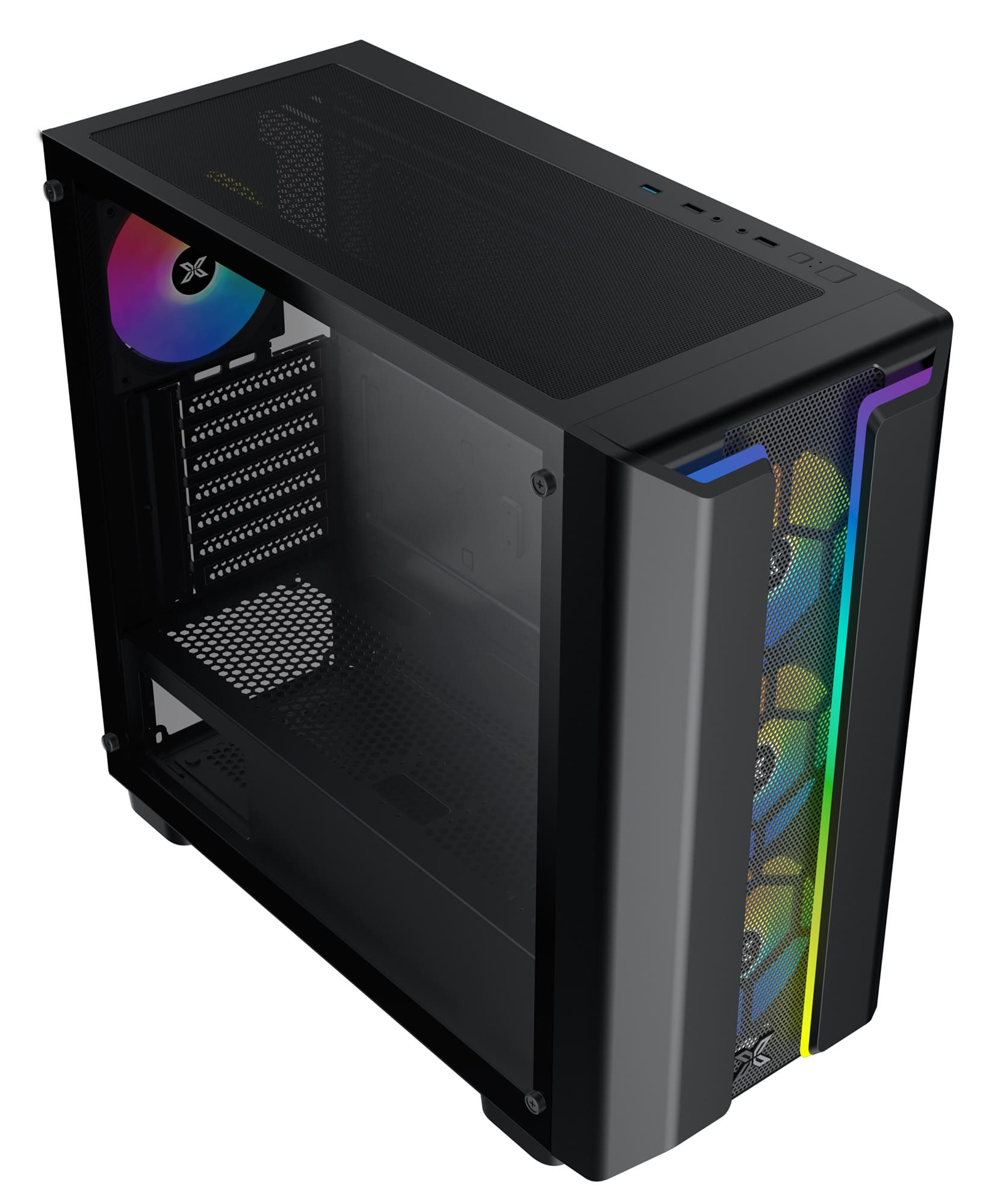 Schwarzes Computergehäuse mit einer Glasseitenwand und einem bunten Lüfter.