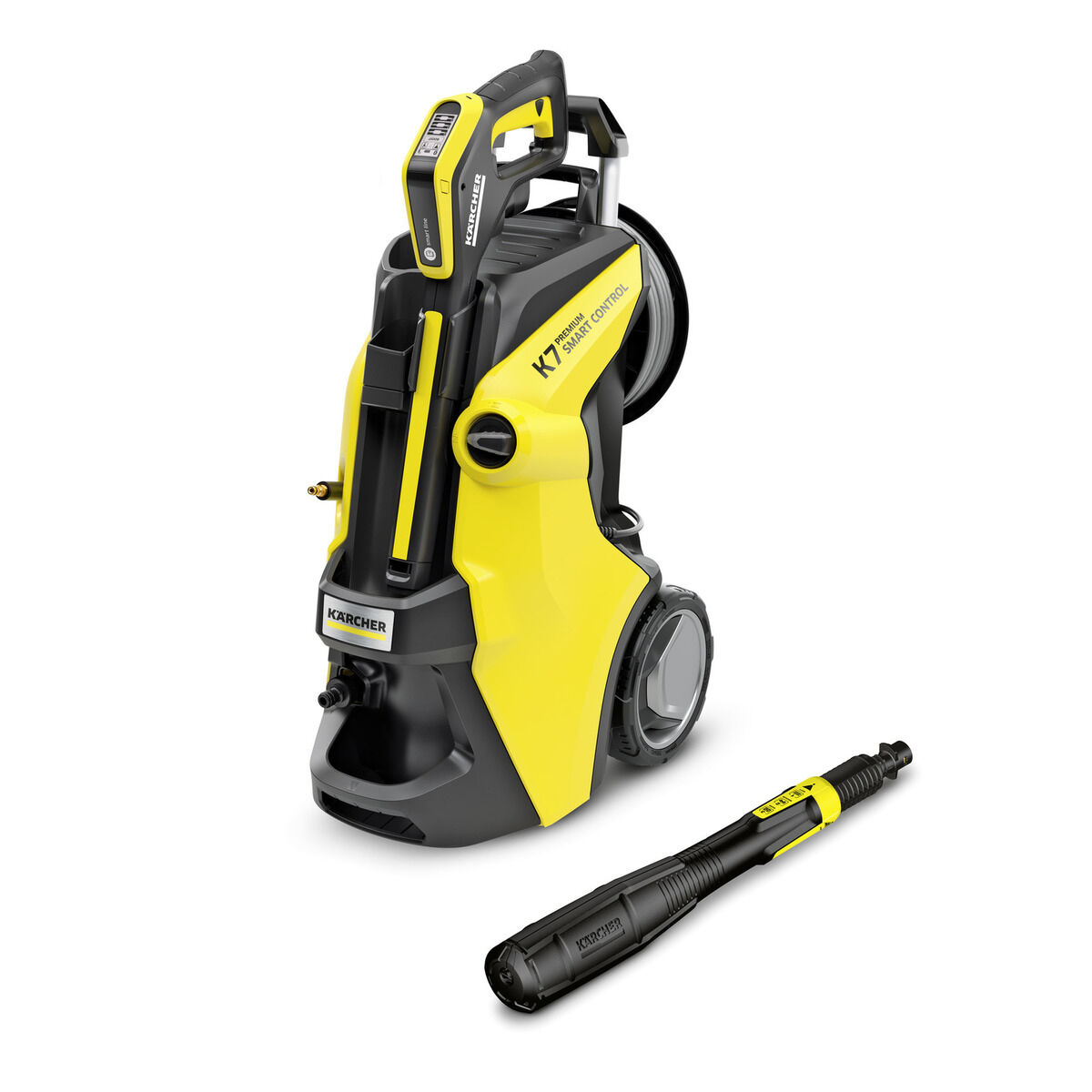 Gelb-schwarzer Hochdruckreiniger. Eine Kärcher K7 Premium Smart Control mit Spritzpistole.
