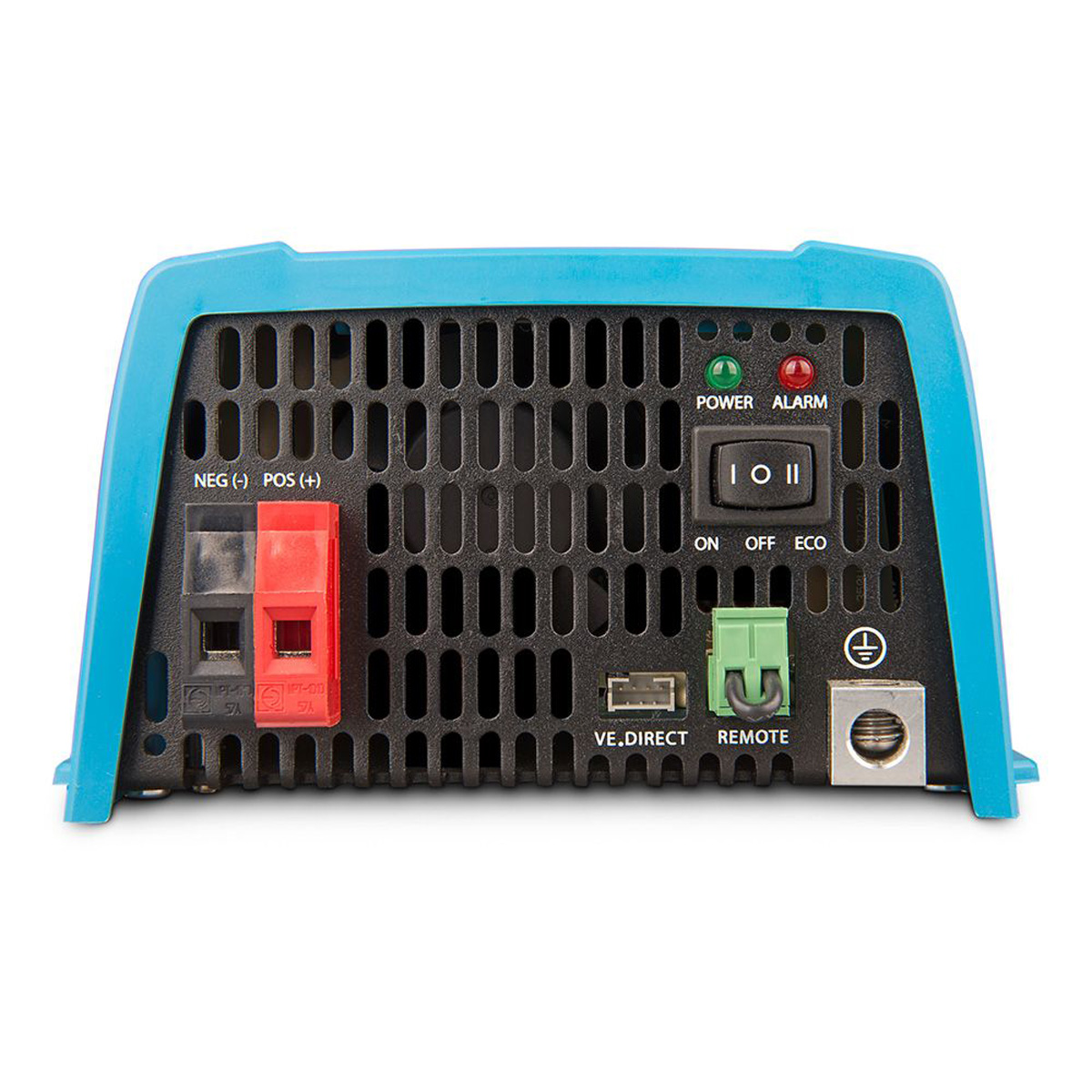 Onduleur bleu avec connexions NEG (-), POS (+), VE.DIRECT, REMOTE et terre.