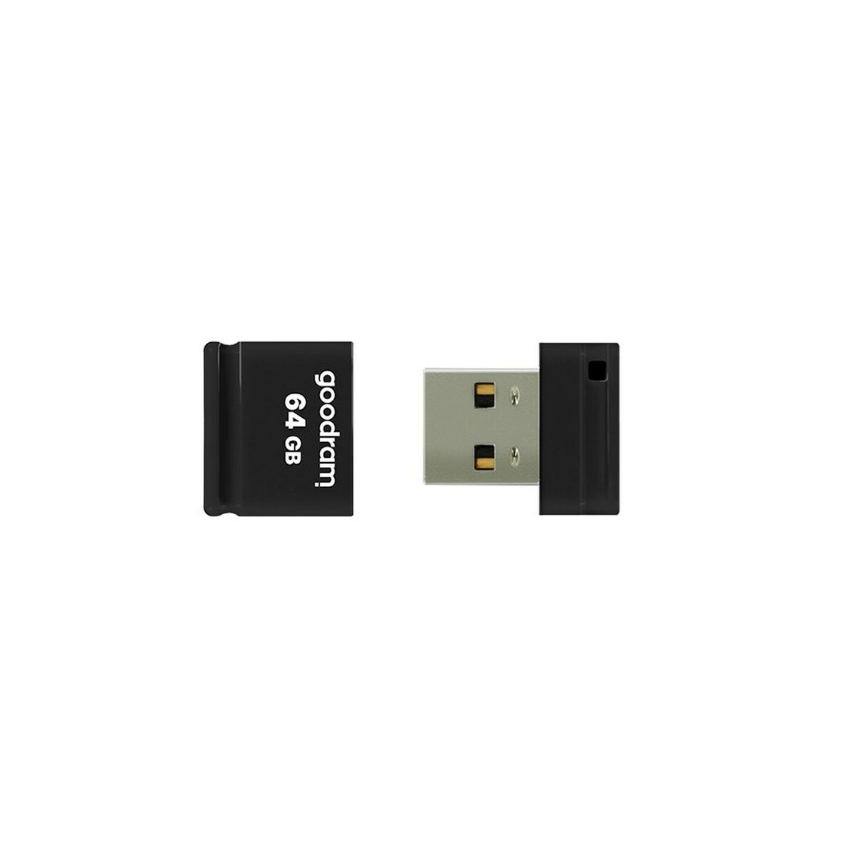 Czarny i srebrny pendrive USB o pojemności 64 GB. Pokazuje zarówno wtyczkę, jak i nasadkę.