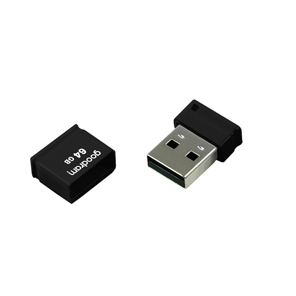 Dwa czarne pendrive'y USB, jeden z nasadką, a drugi z metalowym złączem USB. Widoczny tekst "goodram 64 GB".
