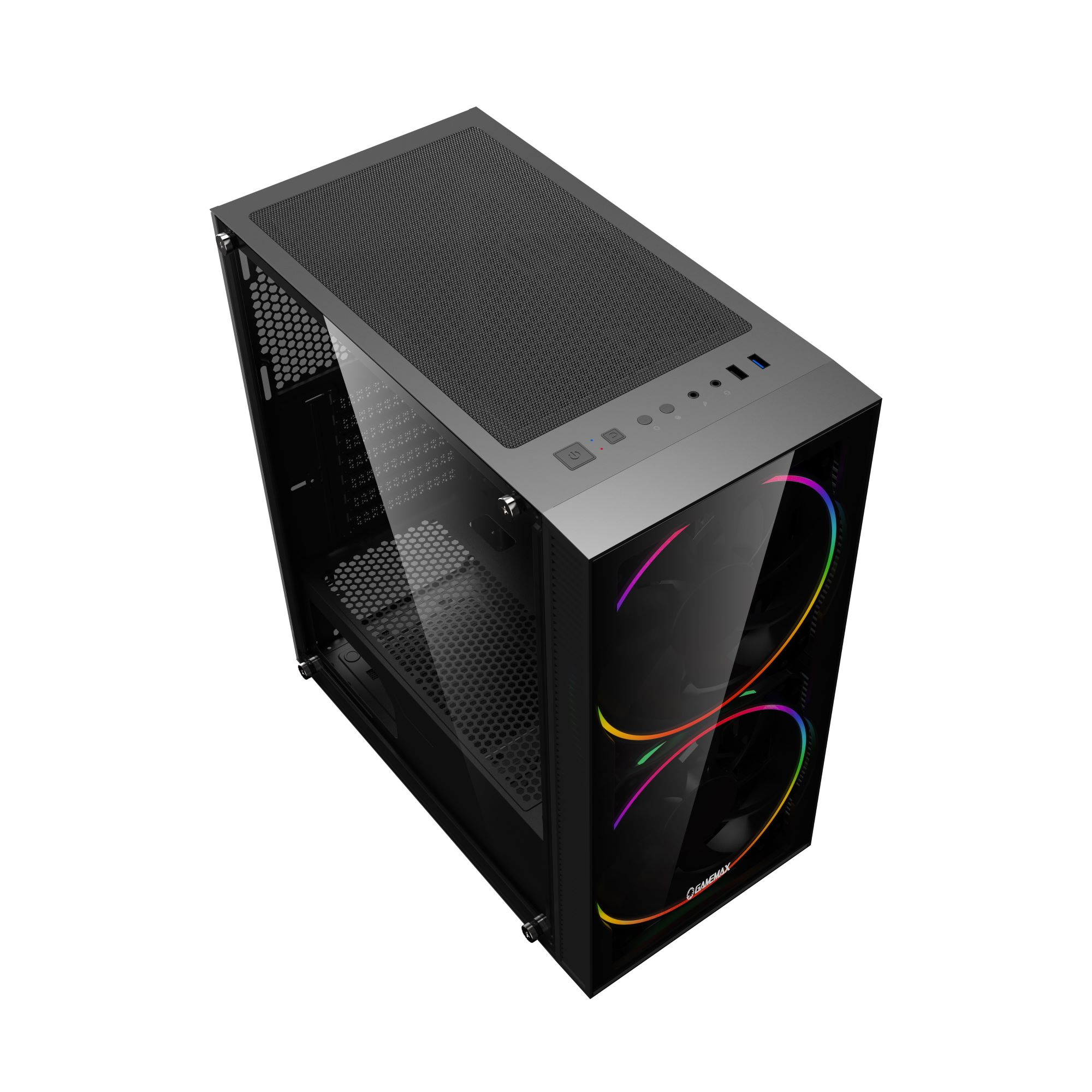 Ein schwarzes Computergehäuse mit Glas-Seitenwand und bunten Lichtern. Schwarze Mesh-Oberseite.