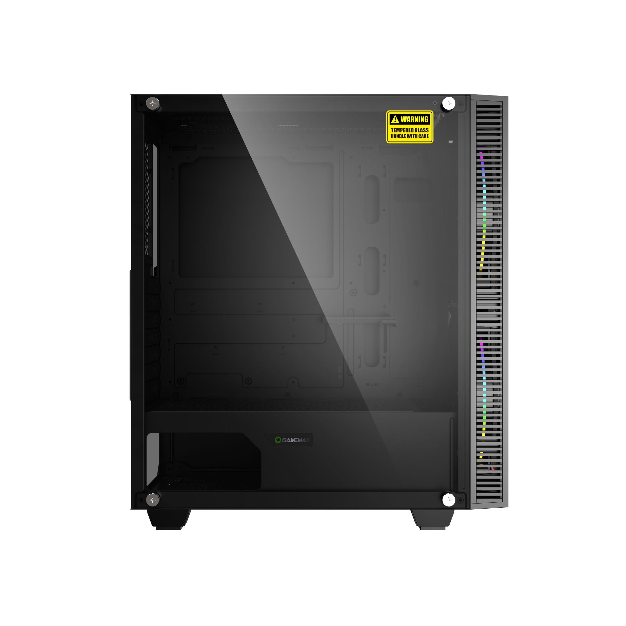 Schwarzes Computergehäuse mit Glasseitenwand, mit bunten Lichtern.