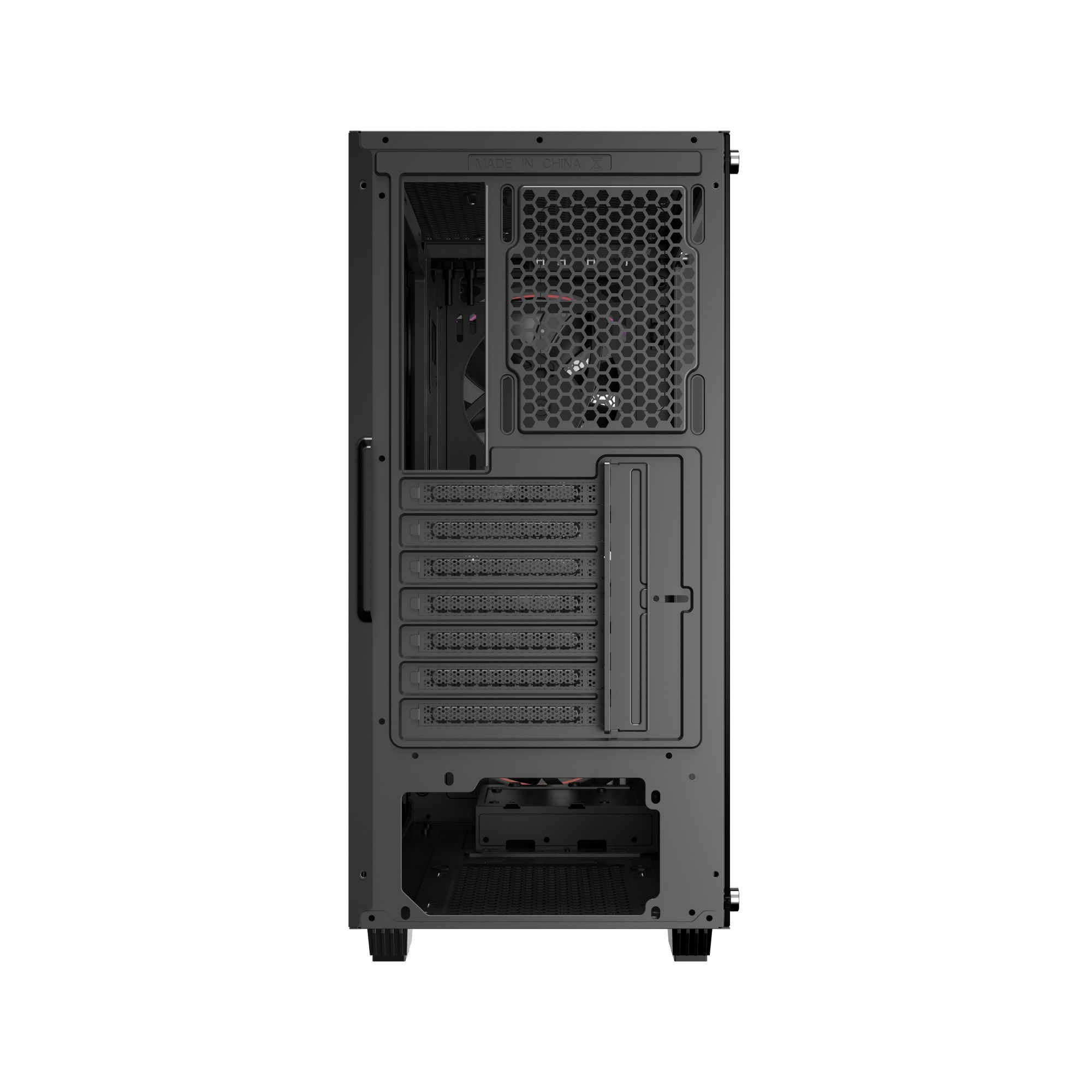 Das Innere eines Computergehäuses. Es hat verschiedene Löcher und einen Lüfter. Schwarze Farbe. Weißer Hintergrund.