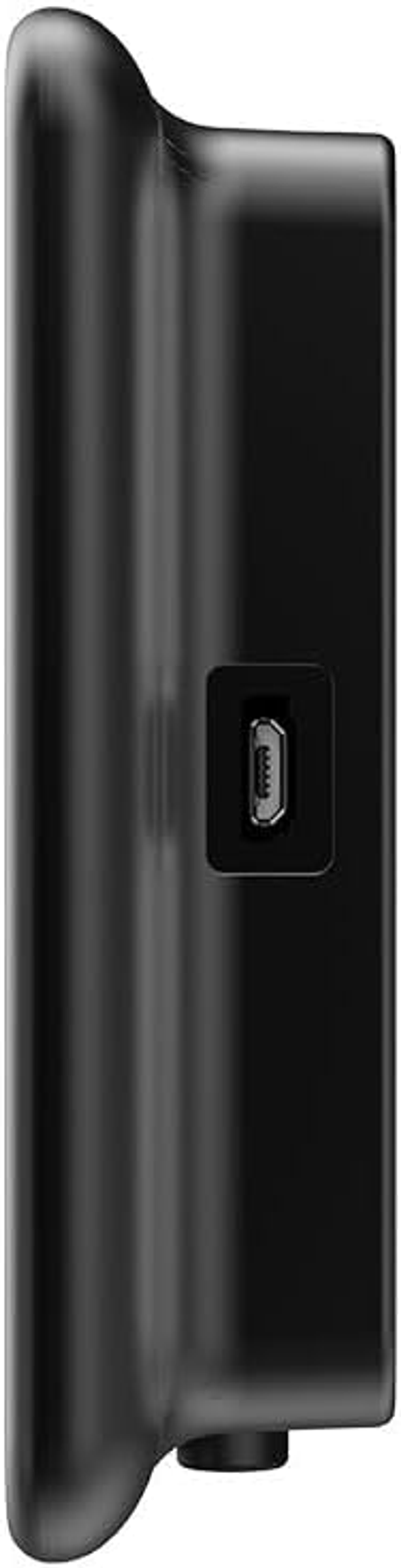 Czarne urządzenie, widok z boku pokazujący port USB.