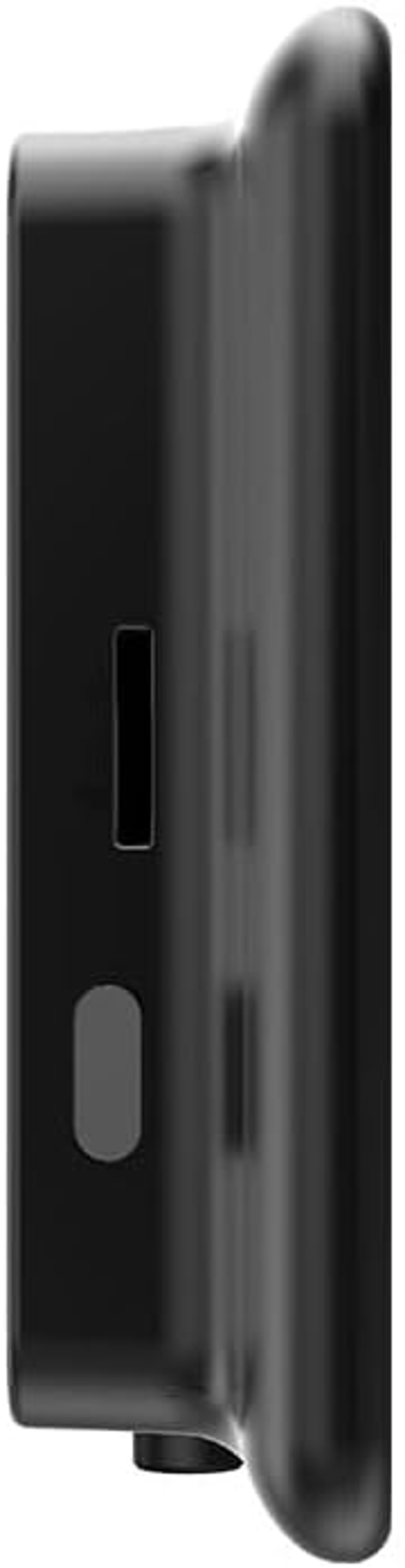 Widok z boku czarnego urządzenia, prawdopodobnie smartfona lub podobnego gadżetu.