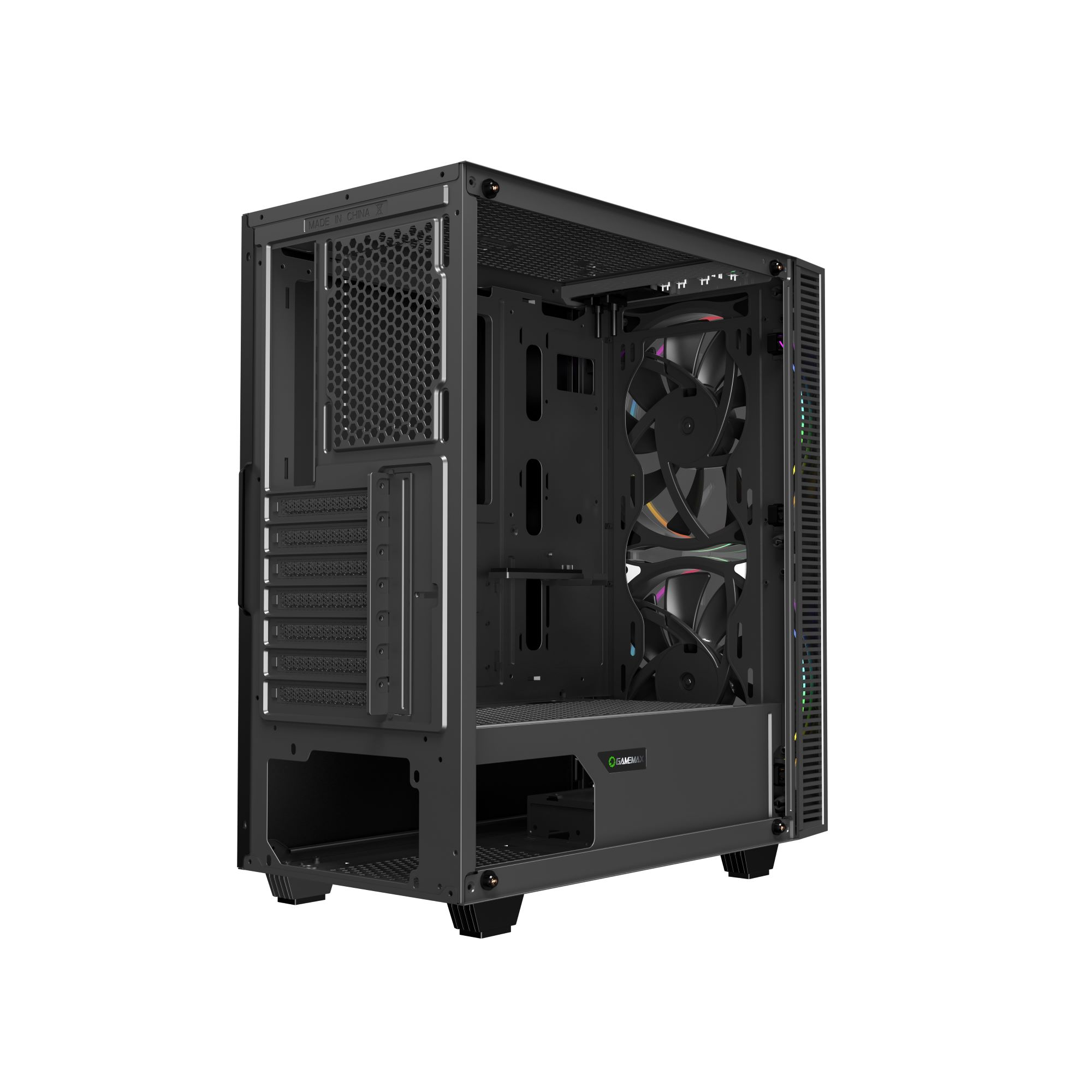 Schwarzes Computergehäuse. Die Front hat Lüfter. Die Seitenwand ist aus Glas.
