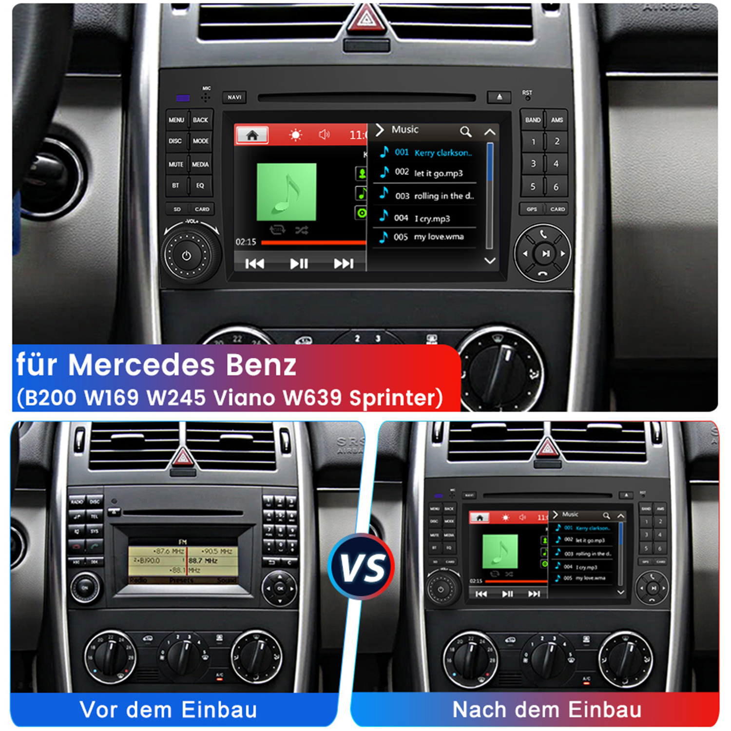 Bilder von Autoradiobildschirmen. Links altes Radio, rechts neues mit Musik.