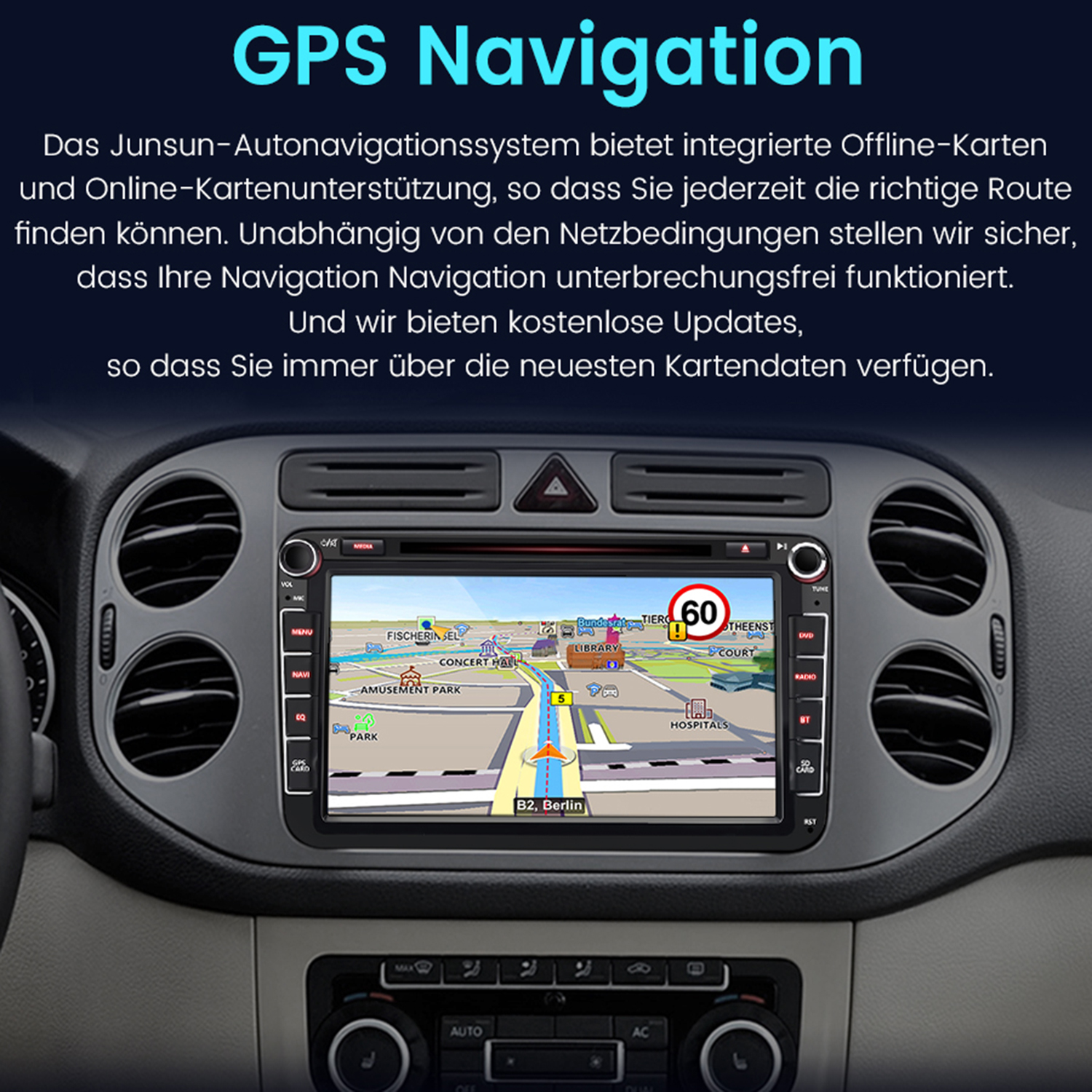 Auto-Armaturenbrett mit GPS-Navigationsbildschirm, der eine Karte und Bedienelemente anzeigt.