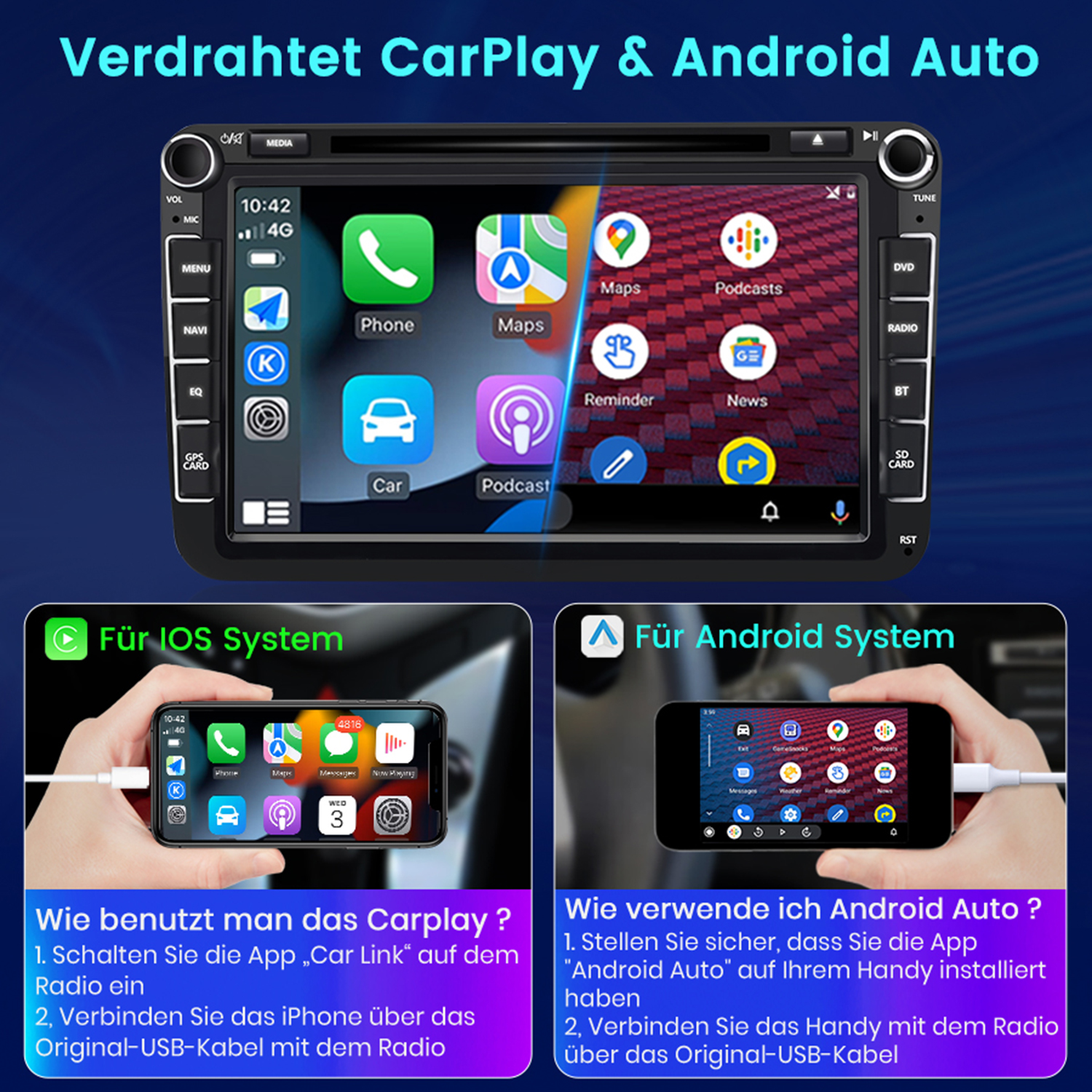 Multimedia-System für Autos mit Bildschirm, der Apps zeigt, und zwei Smartphones für Apple CarPlay und Android Auto.