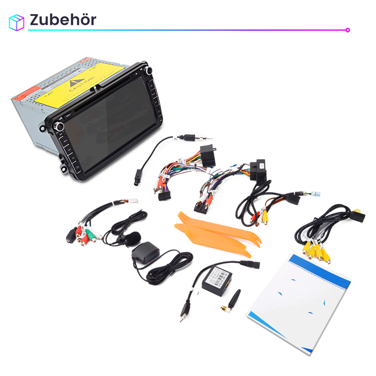 Autoradio mit Verkabelung und Zubehör. Das Radio hat einen Bildschirm und Knöpfe. Kabel und Anschlüsse werden gezeigt.