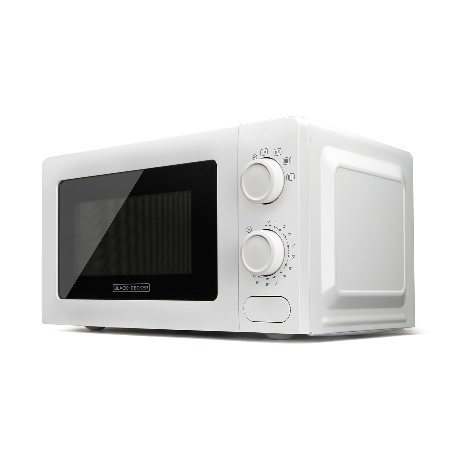 Un horno microondas blanco con puerta negra, mandos y fondo blanco. Vista frontal.