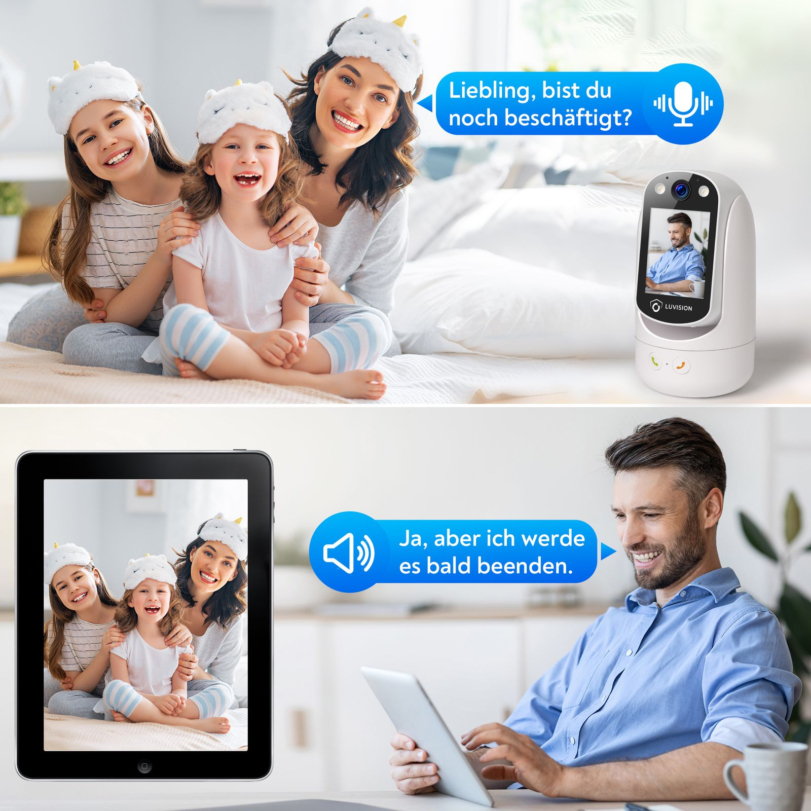 Eine Familie, die einen Babyphone mit Videoanrufen verwendet.