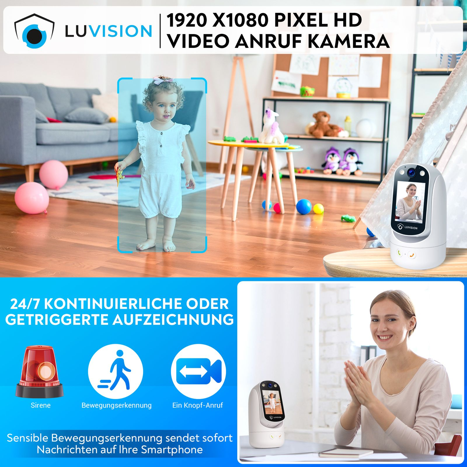 Babyphone-System mit Kind, Frau und Symbolen auf weißem Hintergrund.