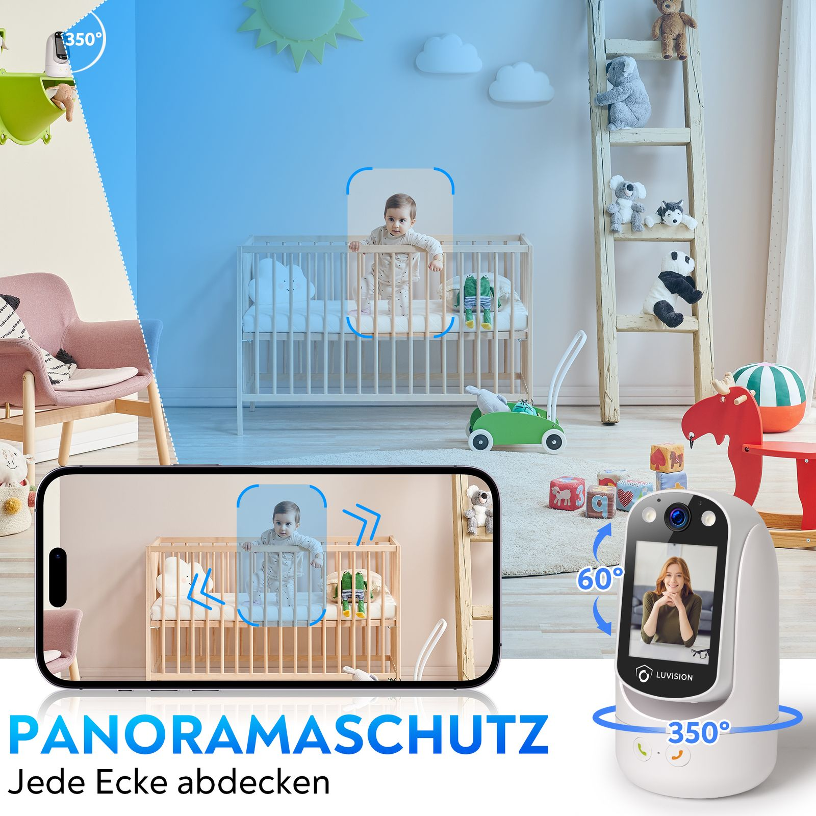 Ein Babyphone zeigt ein Baby im Kinderbett, umgeben von Spielzeug und Dekoration.