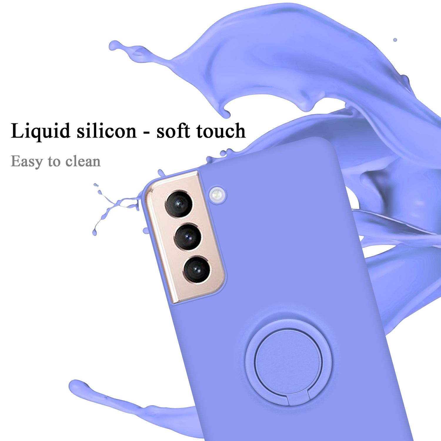 Smartphone viola con supporto ad anello e schizzo d'acqua.