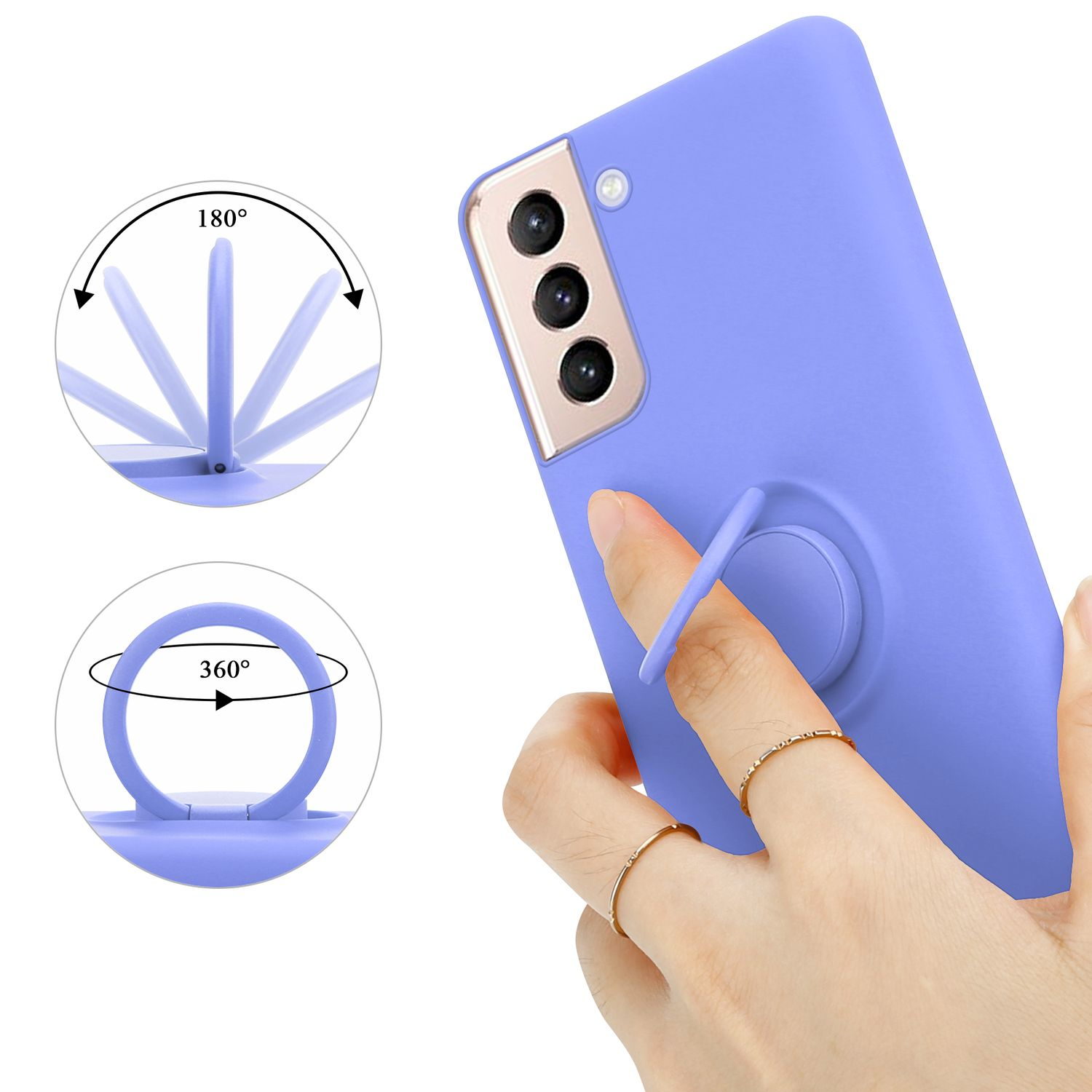 Custodia per telefono viola con supporto ad anello, piegato e aperto.