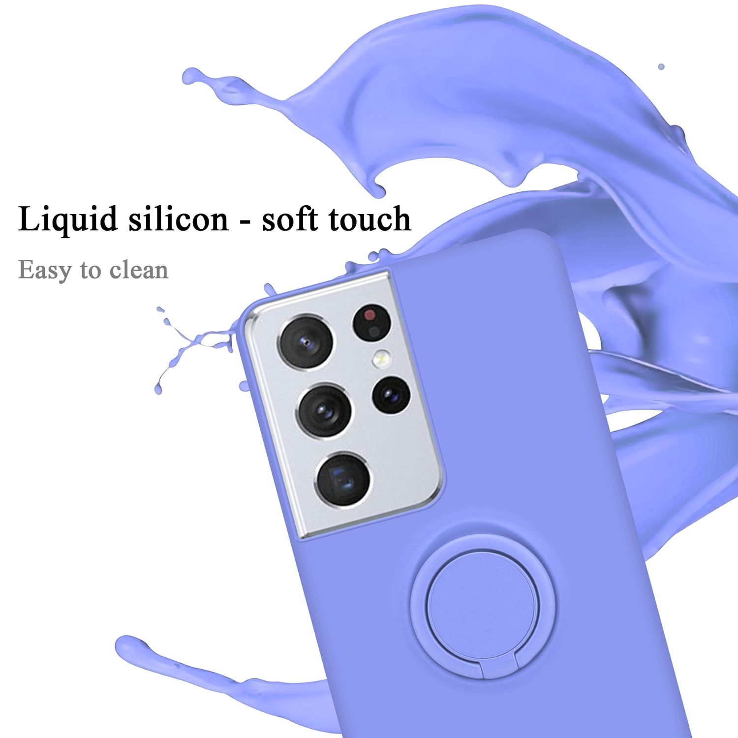 Una custodia per telefono color lavanda con un supporto ad anello e uno schizzo di vernice viola. Il testo dice 'Silicone liquido - tocco morbido'.