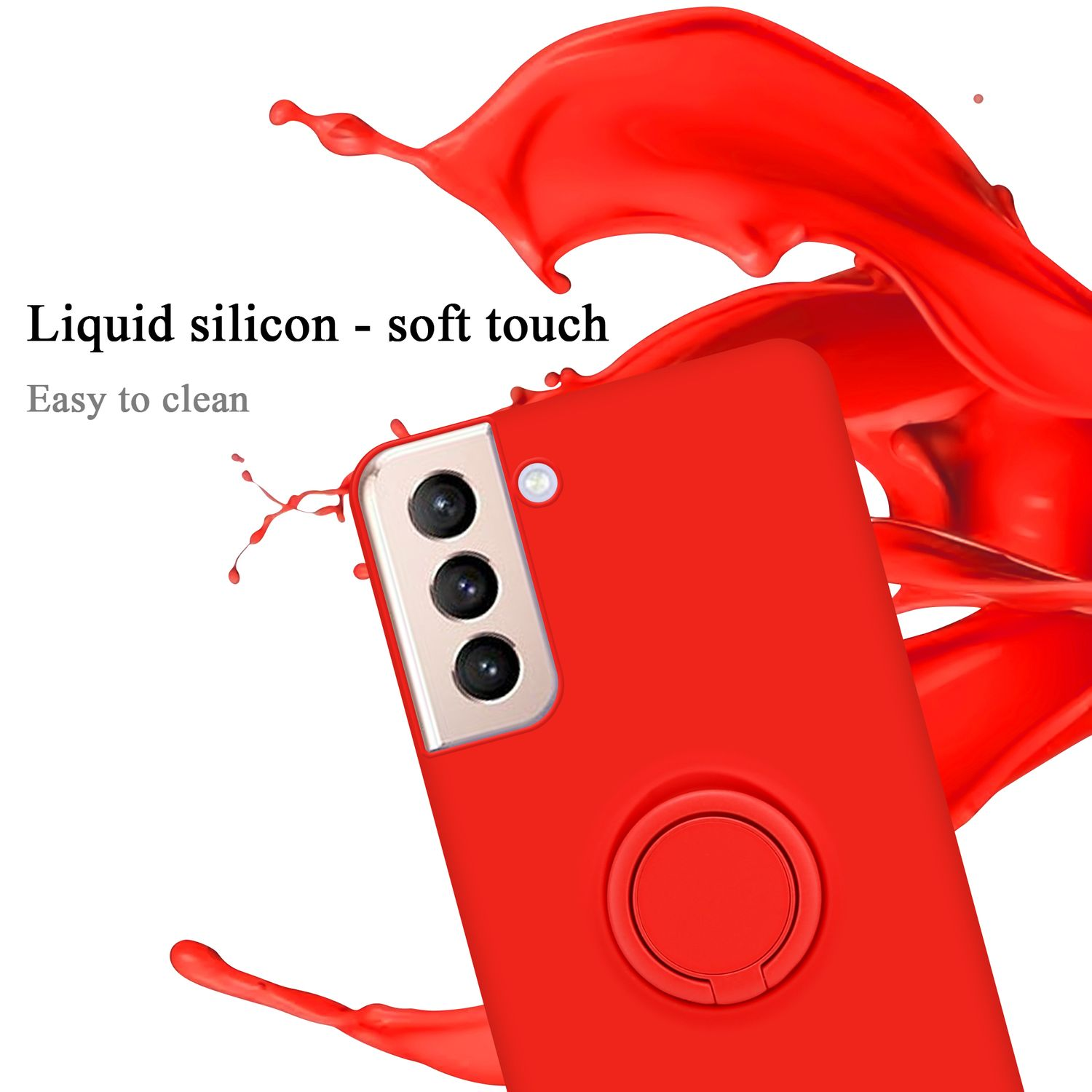 Custodia rossa per telefono con anello. Schizzo di vernice rossa sullo sfondo. Testo bianco: Silicone liquido-tocco morbido.