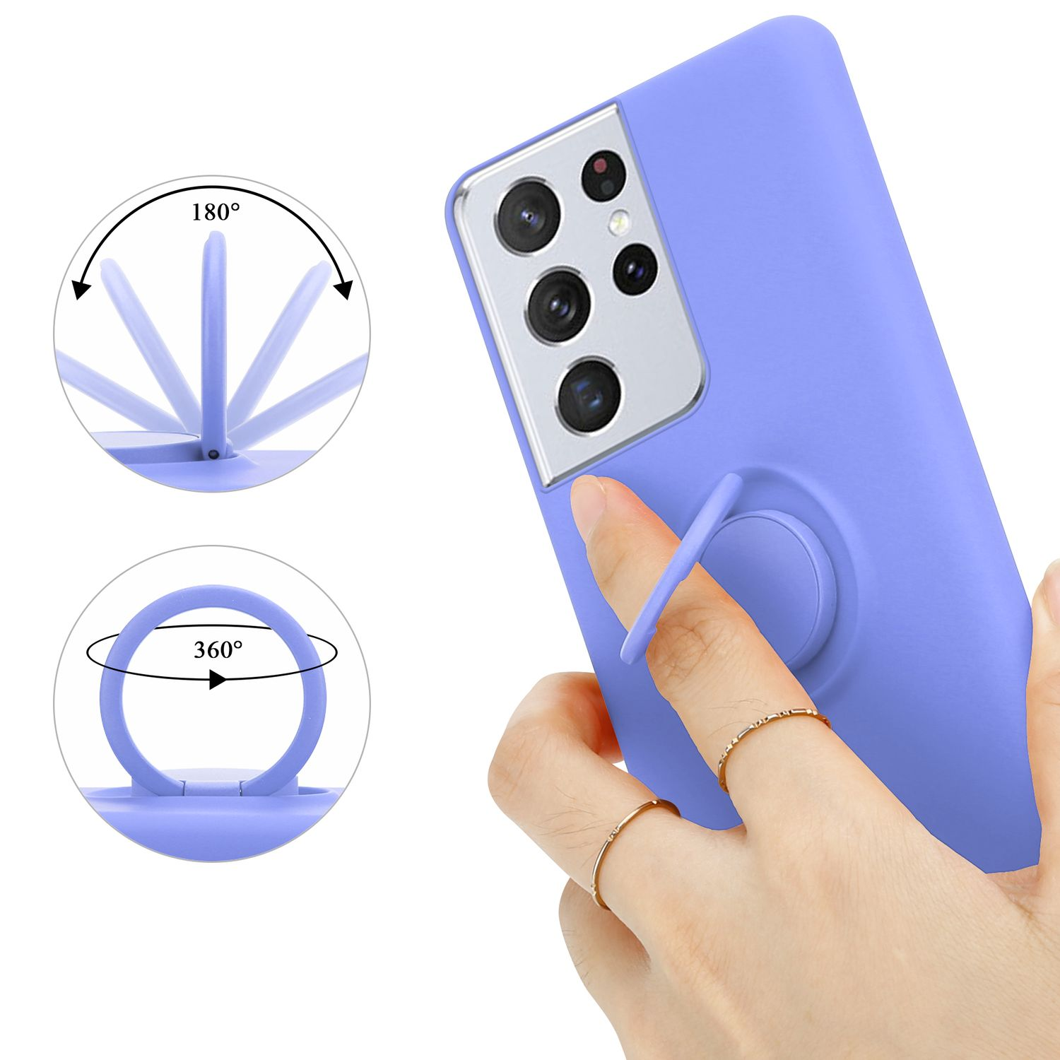 Custodia per telefono viola con supporto ad anello. L'anello ruota di 180 e 360 gradi.