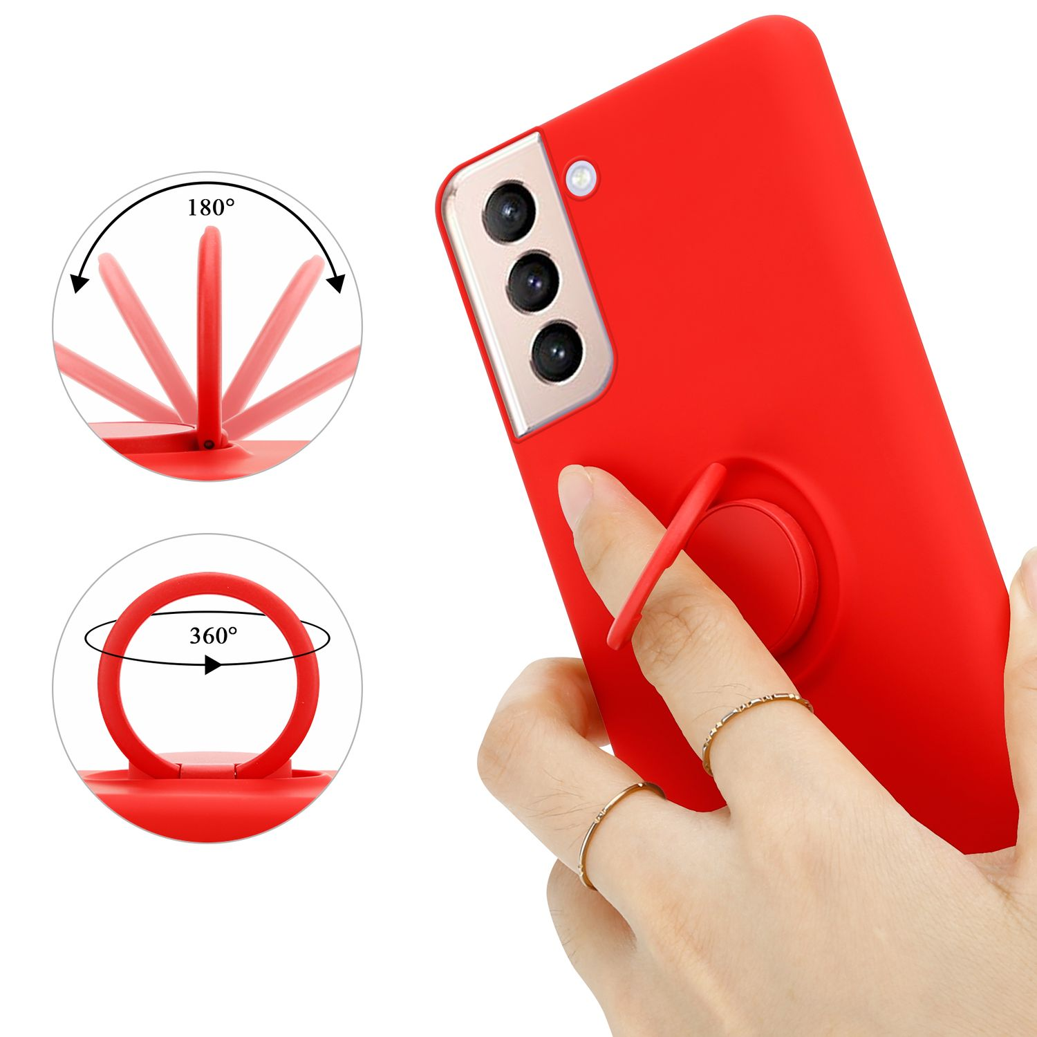 Custodia rossa per telefono con anello a comparsa, e una mano lo tiene.