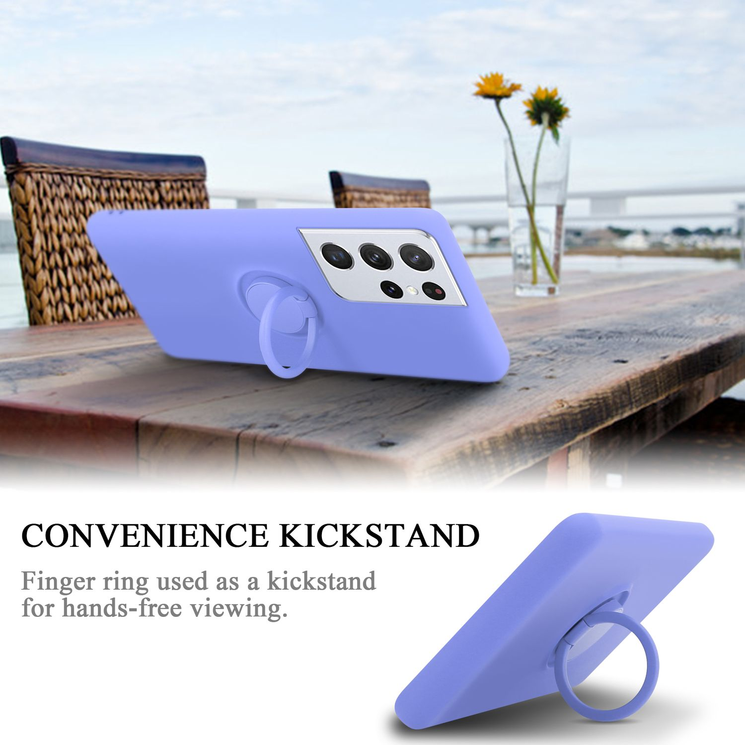 Custodia per telefono lilla con supporto ad anello su un tavolo di legno all'aperto. Fiori in un vaso sullo sfondo.