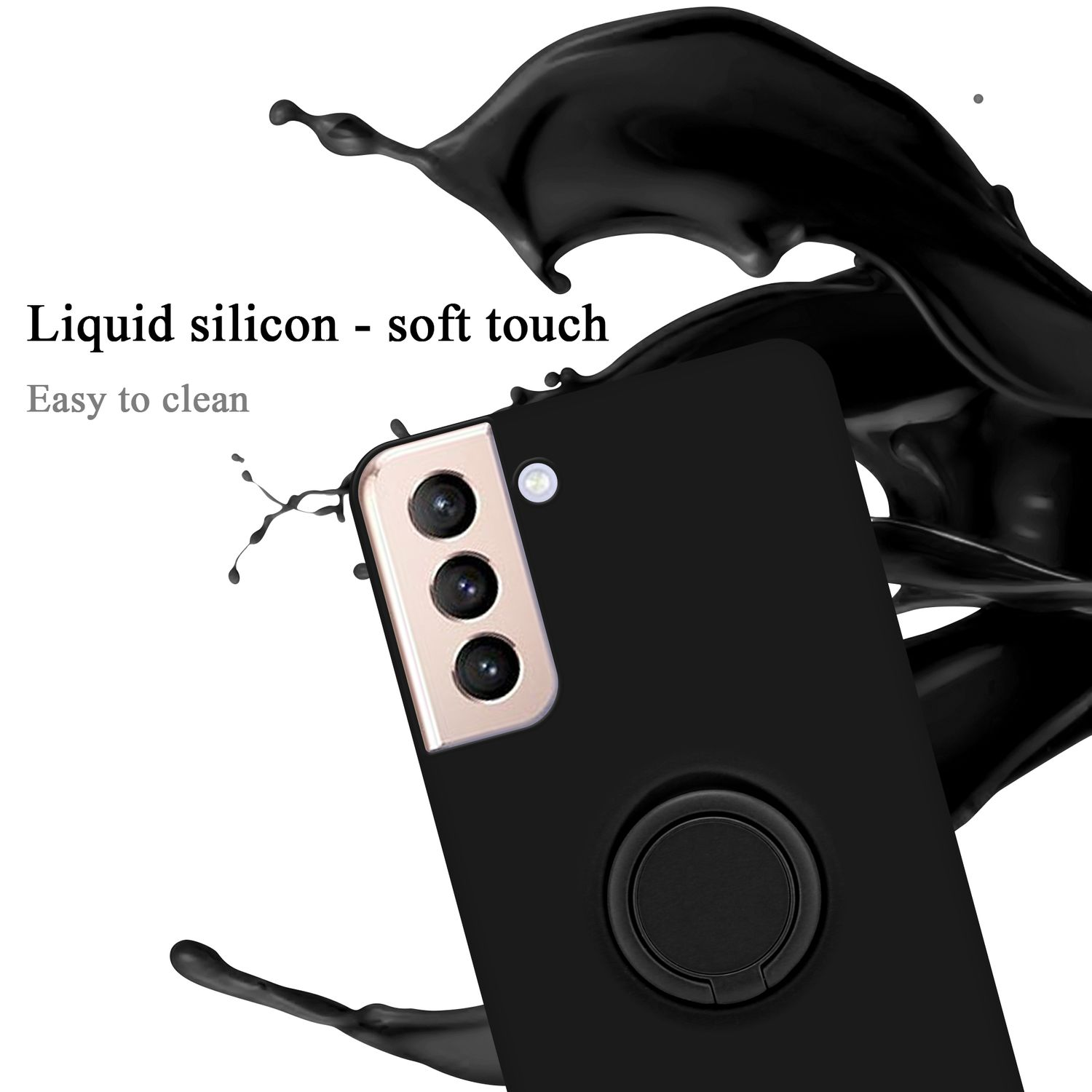 Una custodia per telefono nera con un anello di supporto. C'è uno schizzo di liquido nero sullo sfondo. Il telefono ha fotocamere.