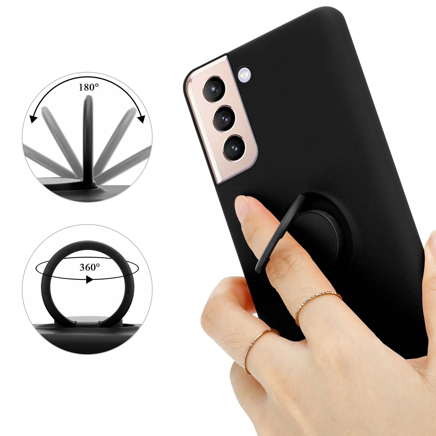 Un telefono nero con un supporto ad anello, tenuto in mano con anelli.