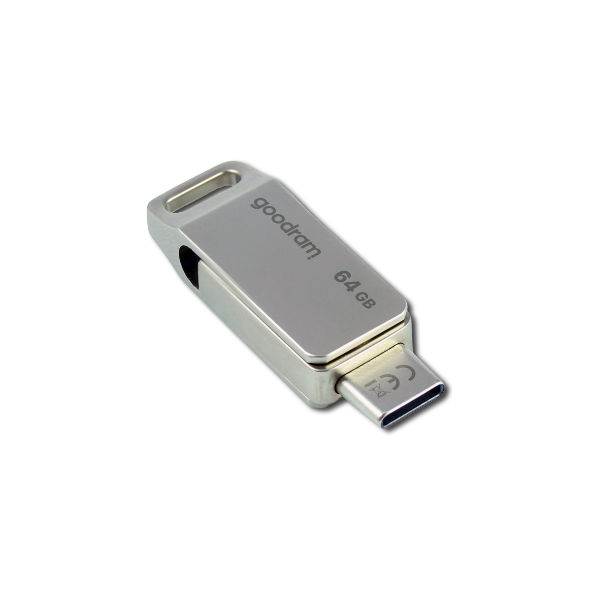 Srebrny pendrive USB-C z marką goodram i pojemnością 64 GB.