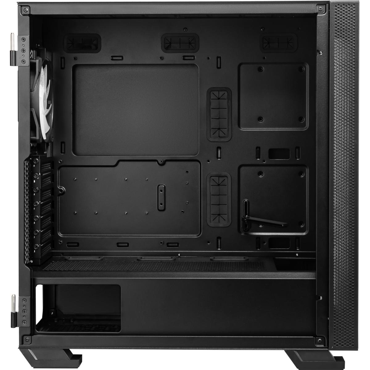 Computergehäuse innen. Schwarz und offen, mit Lüfter und verschiedenen Befestigungsbereichen.