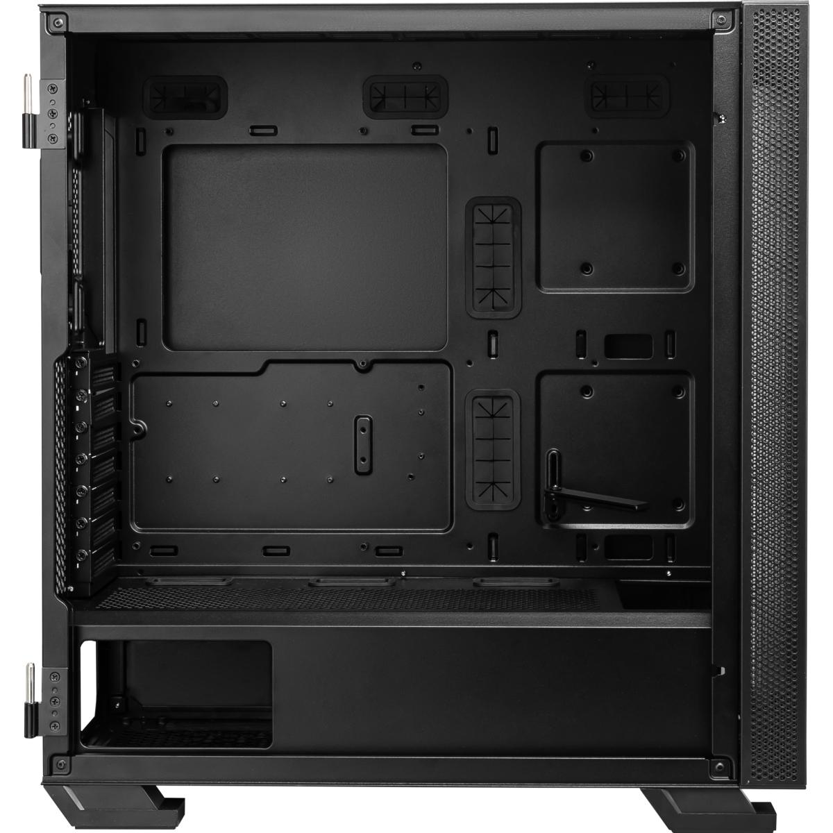 Schwarzes Computergehäuse mit sichtbaren Innenkomponenten, auf weißem Hintergrund.