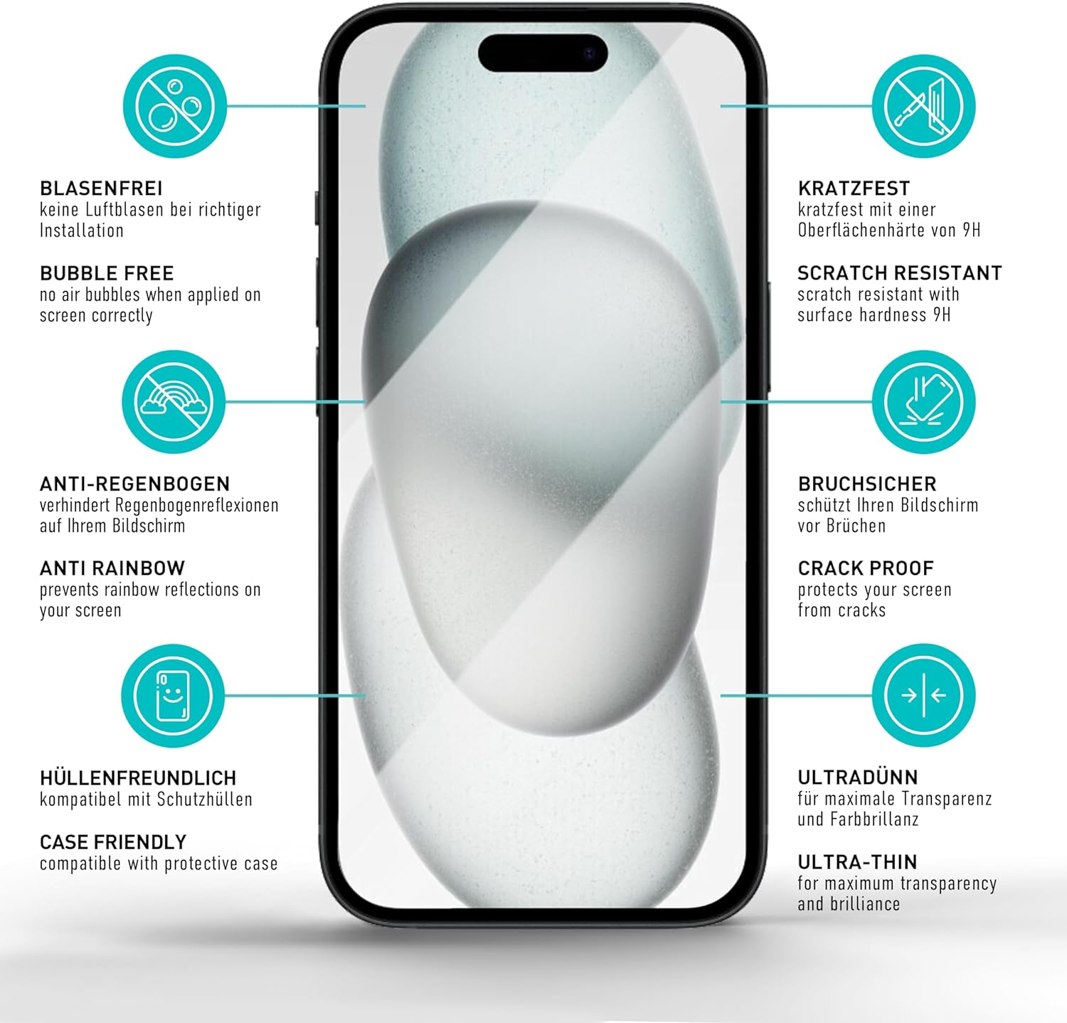 Telefon mit aufgebrachter Displayschutzfolie. Eigenschaften: blasenfrei, Anti-Regenbogen, etui-freundlich, ultradünn.