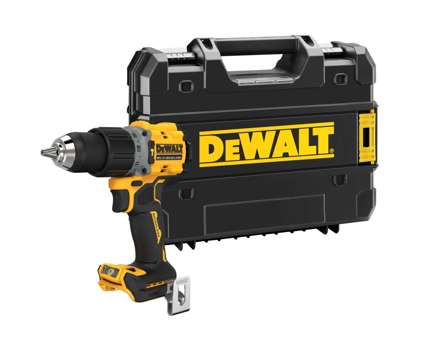 Dewalt-Bohrer mit Koffer. Schwarz und Gelb, weißer Hintergrund.