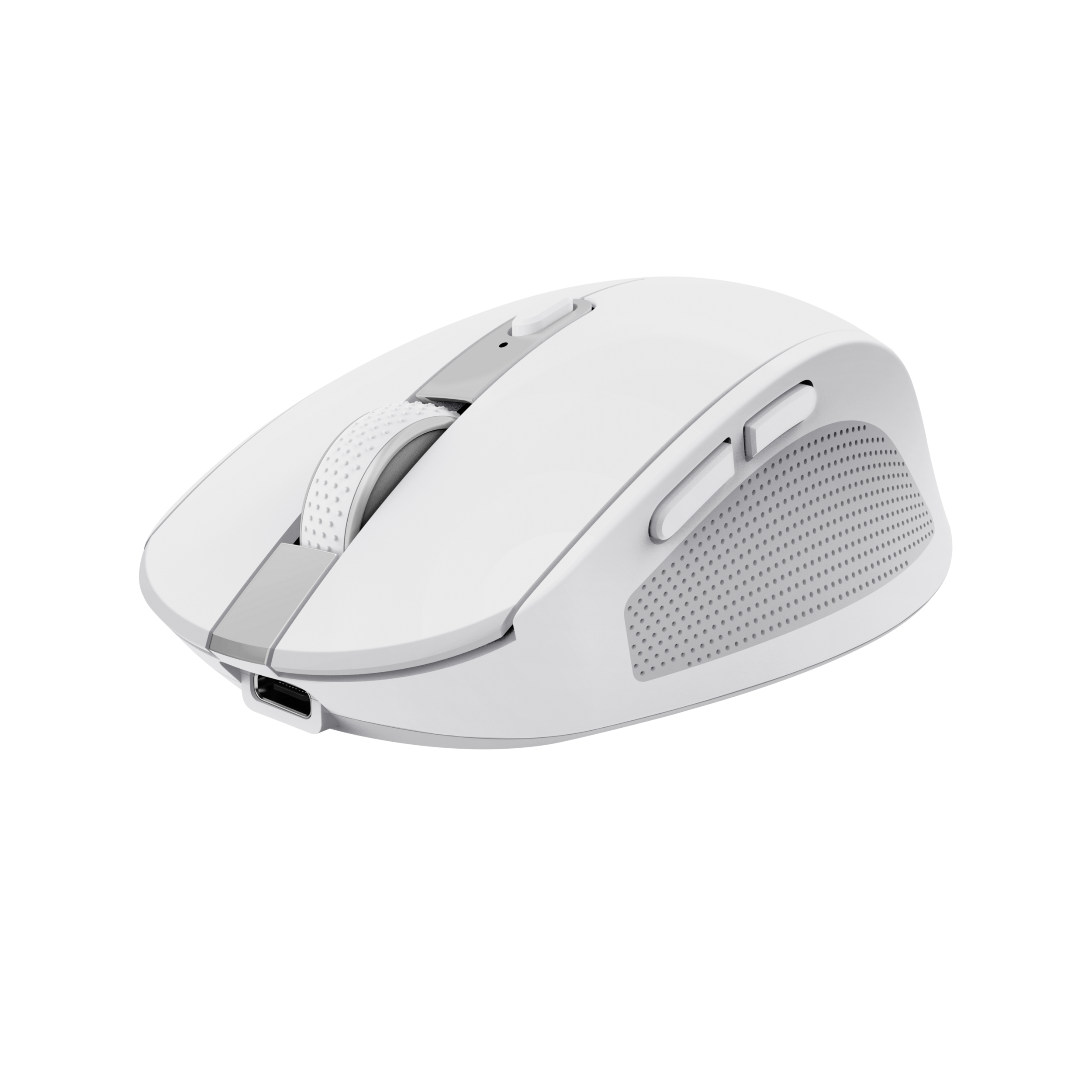 White wireless mouse with a scroll wheel and side buttons.