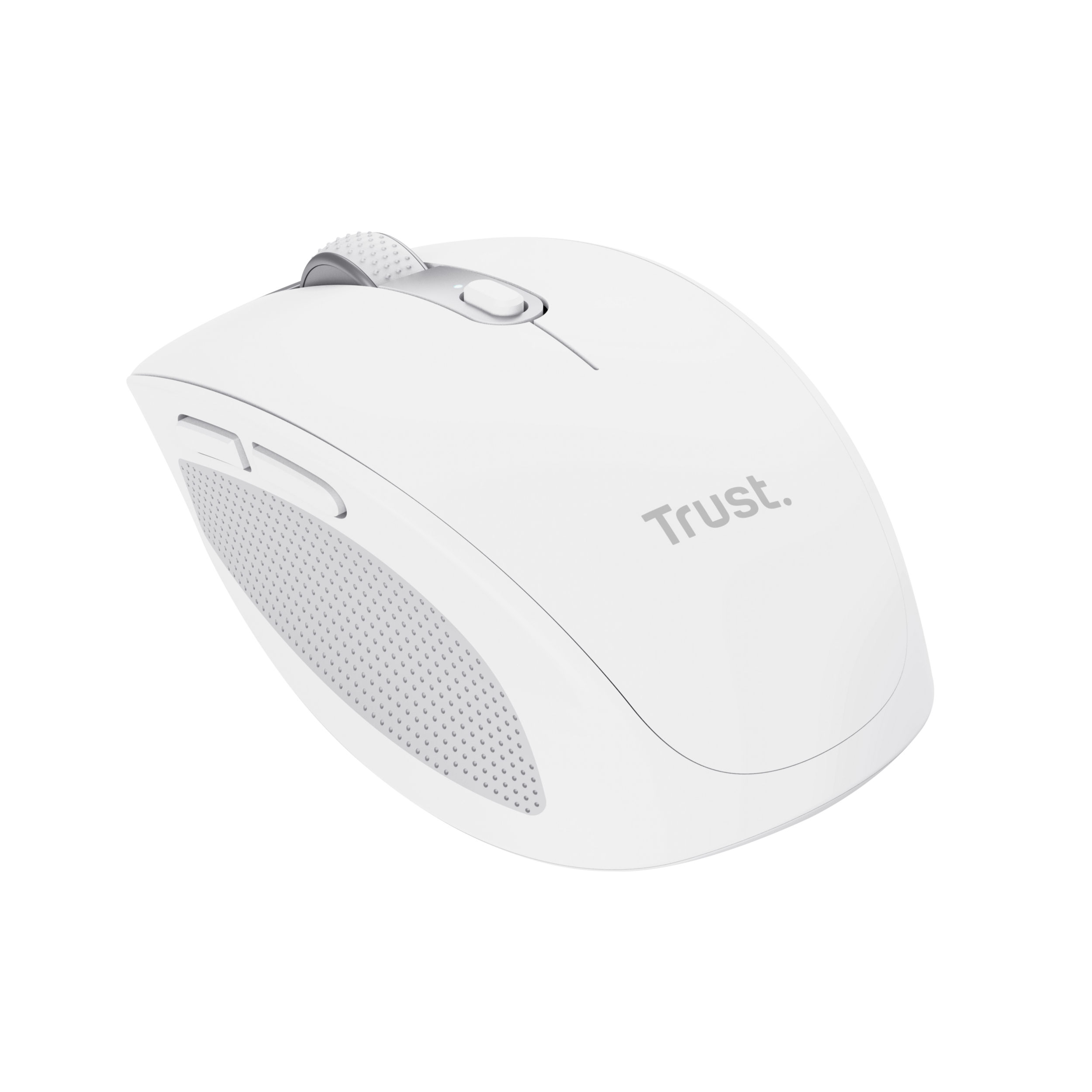 White computer mouse with scroll wheel and two buttons.  'Trust' logo is visible.