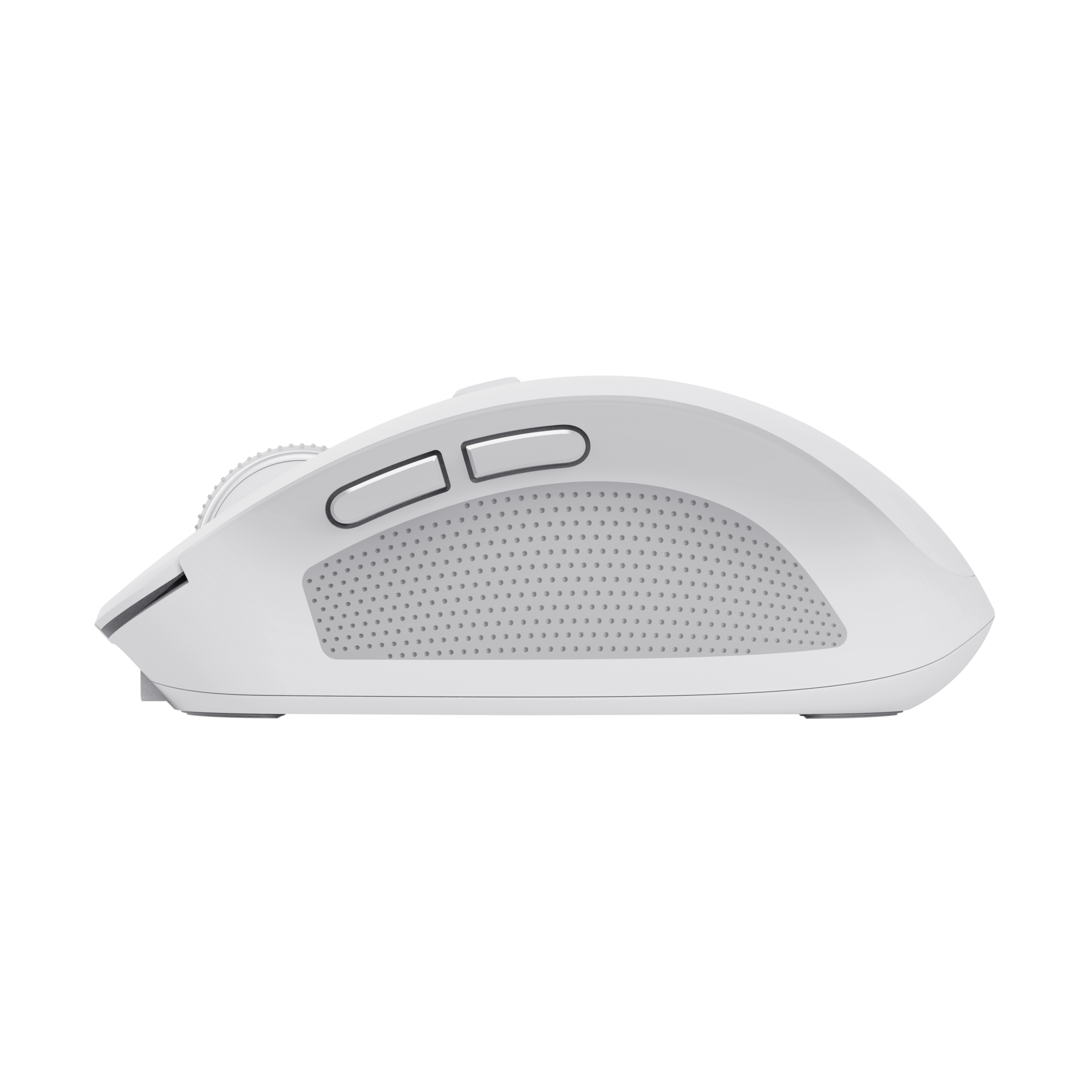 A white computer mouse with two buttons and a textured side grip, against a black background.