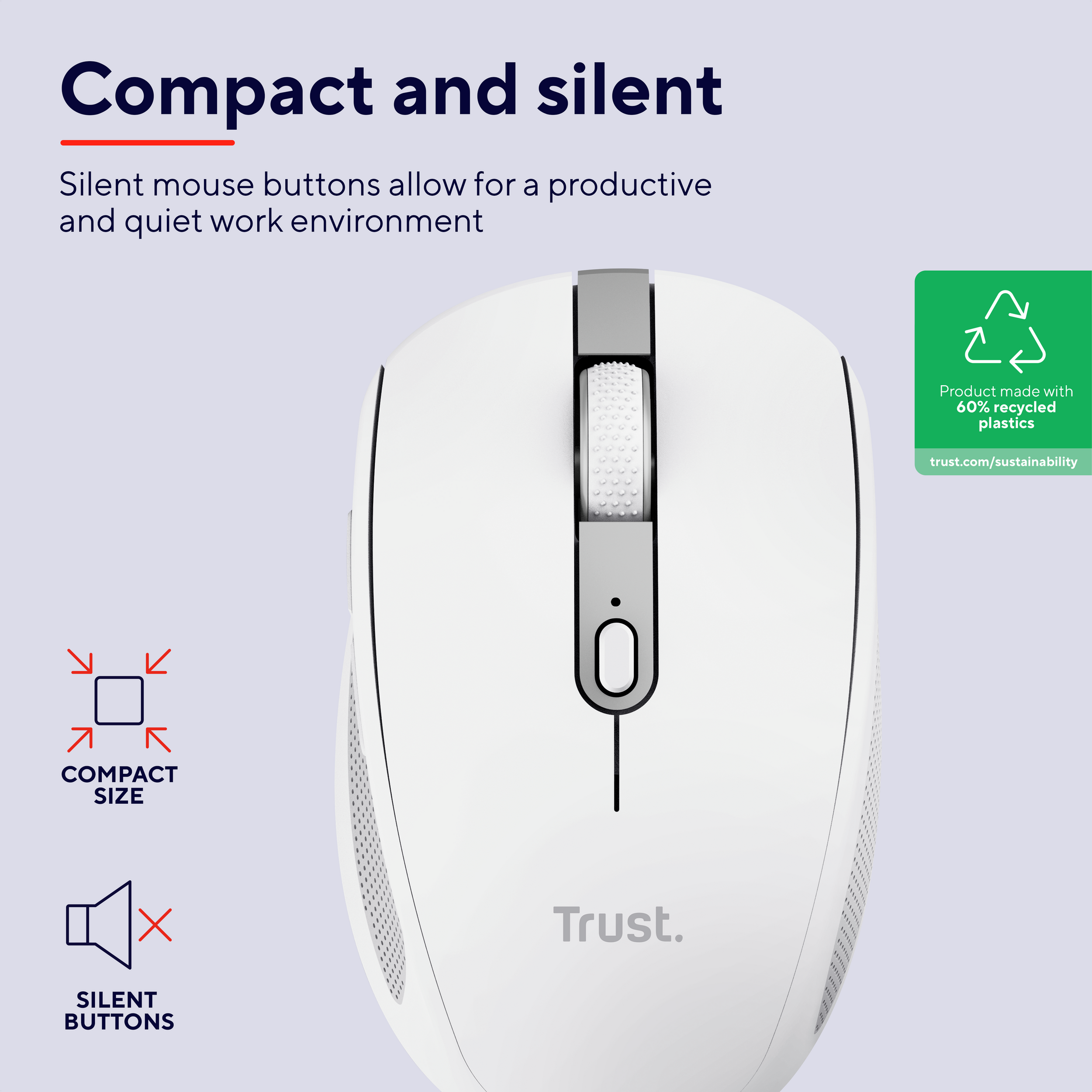 White computer mouse with scroll wheel. Text: Compact and silent.  Background is white.