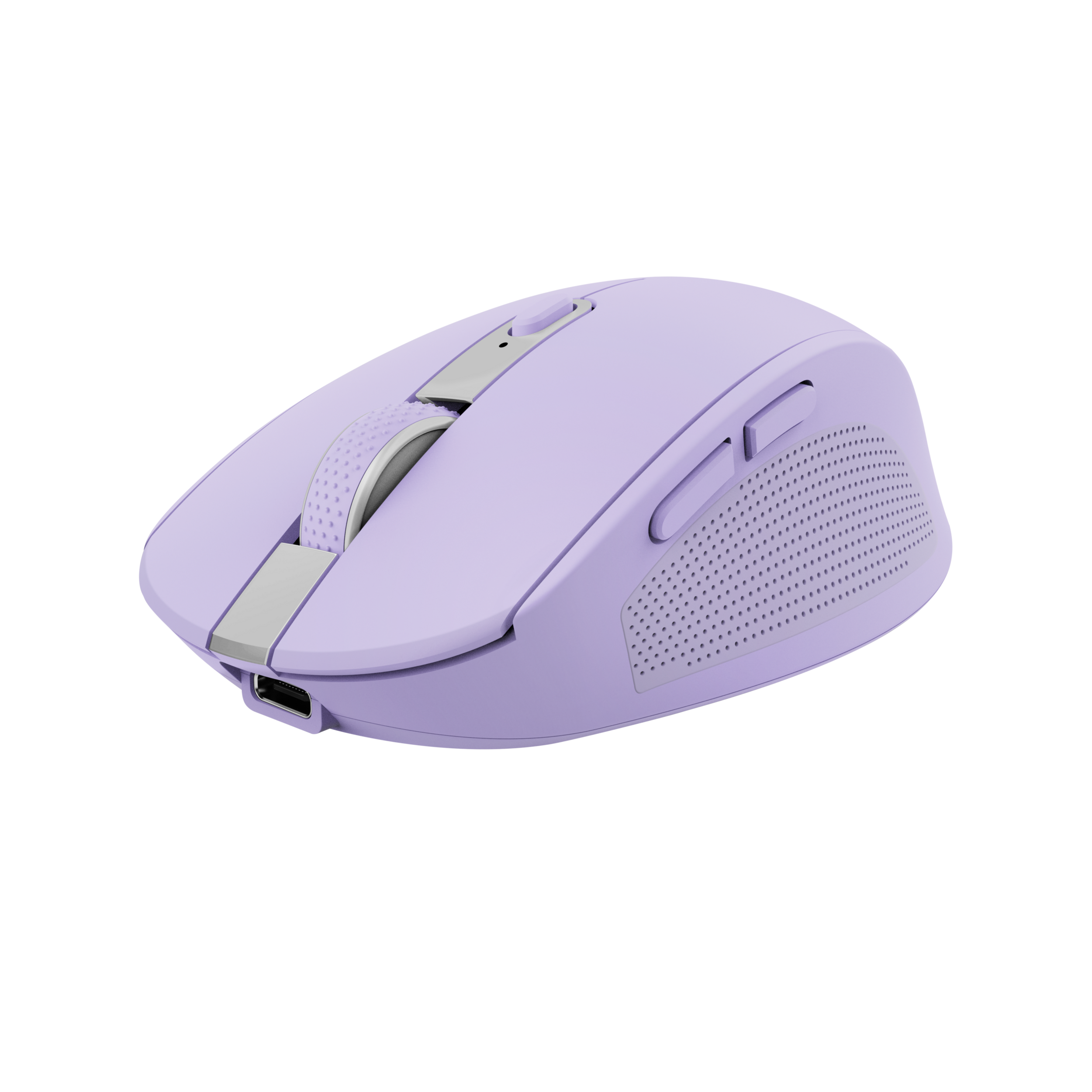 Lavendelfarbene kabellose Maus mit Scrollrad, Seitentasten und USB-Anschluss.