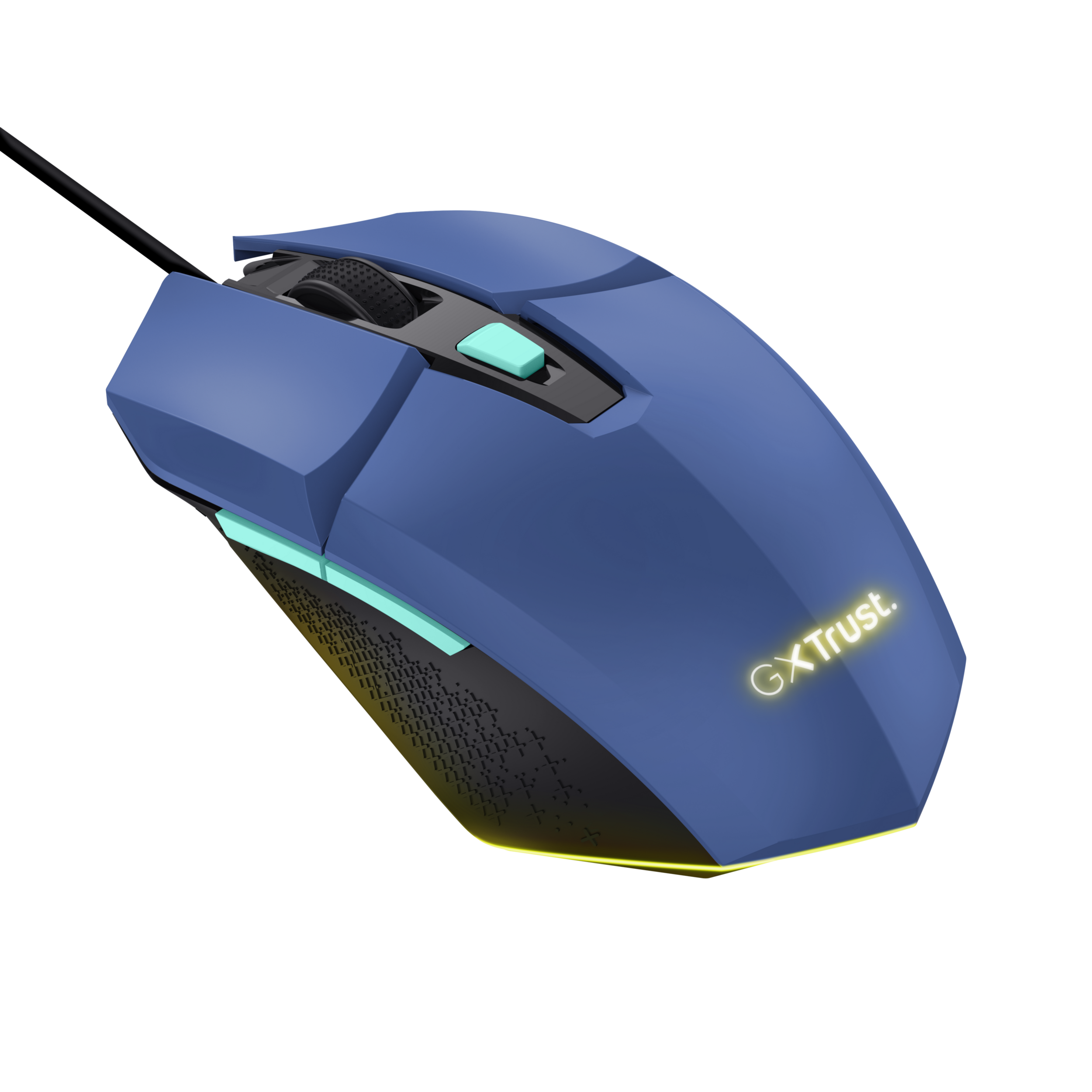 Niebieska mysz komputerowa z bocznymi przyciskami, kółkiem przewijania i nazwą marki.