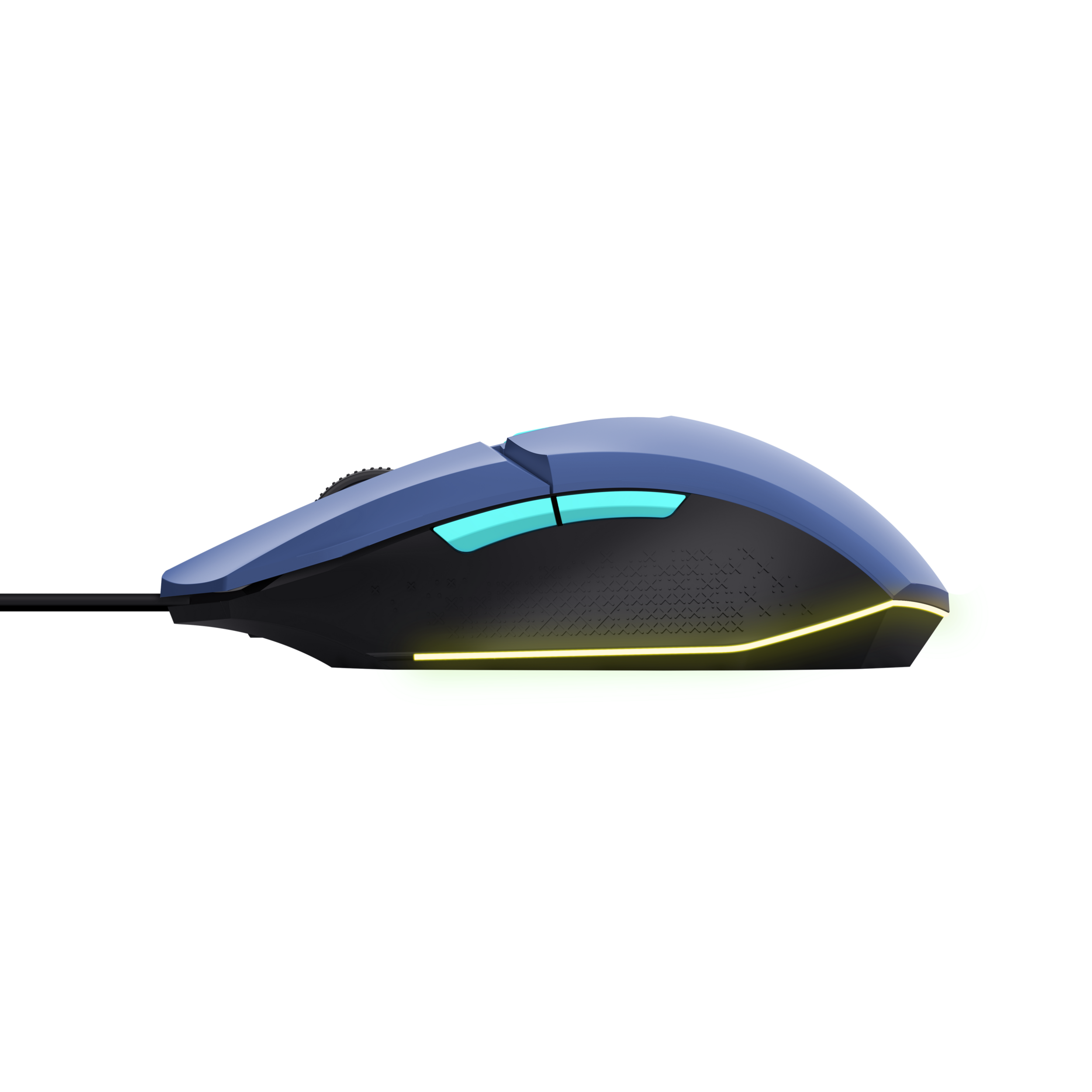 Czarna i niebieska mysz do gier z zielonym podświetleniem. Czarne tło.