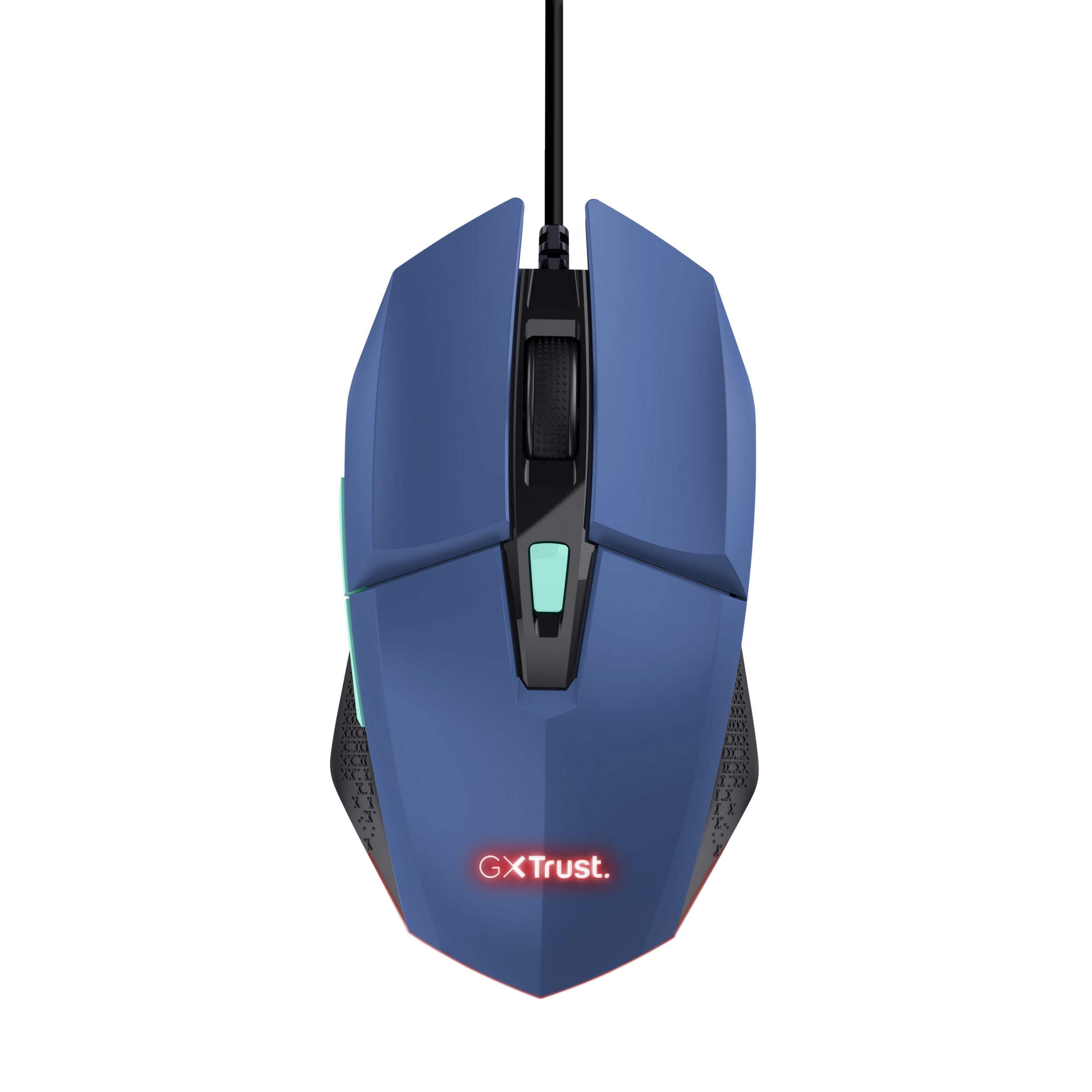 Niebiesko-czarna mysz gamingowa z logo Trust. Na czarnym tle.