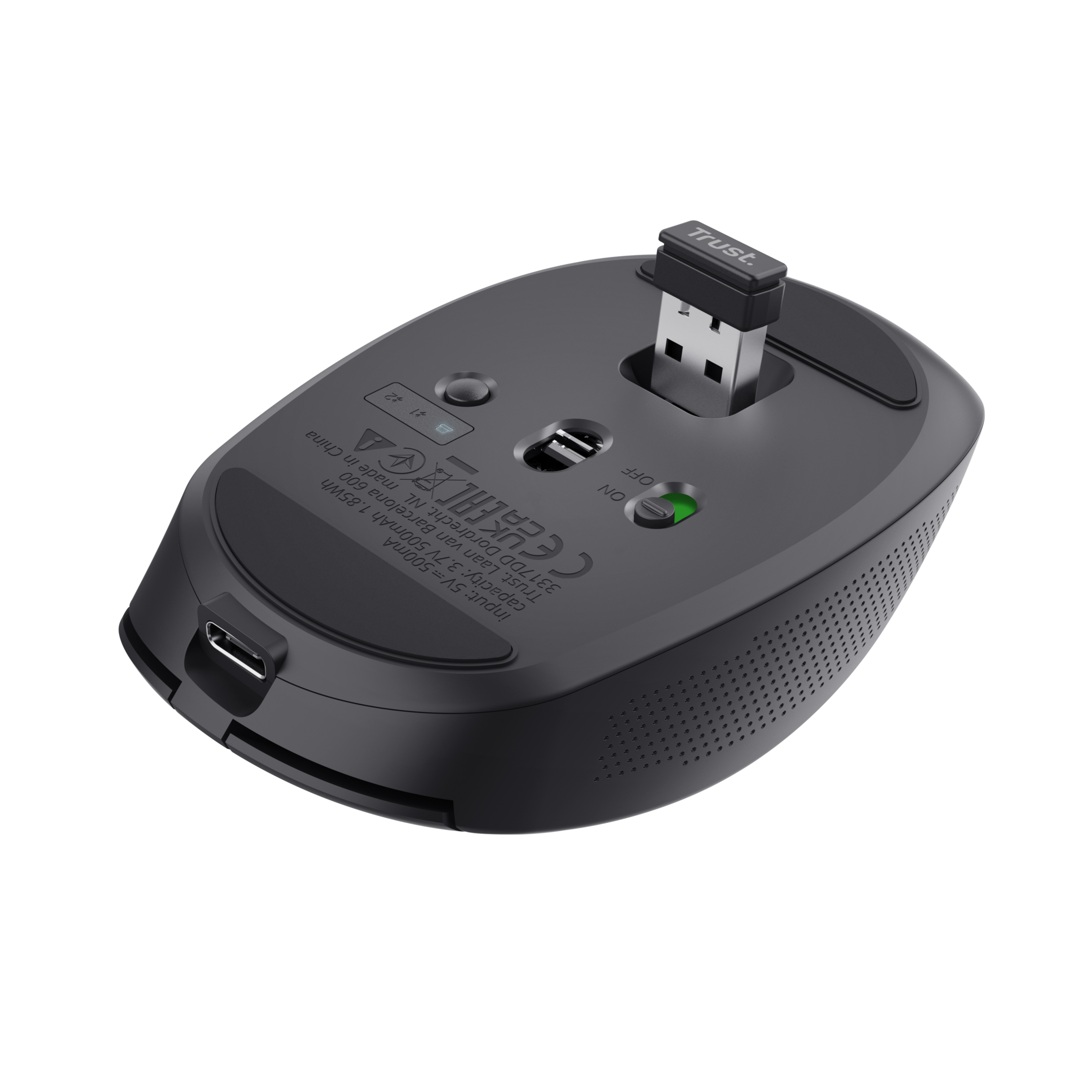Czarna mysz bezprzewodowa. Odbiornik USB schowany w środku. Widoczny włącznik/wyłącznik i port ładowania.