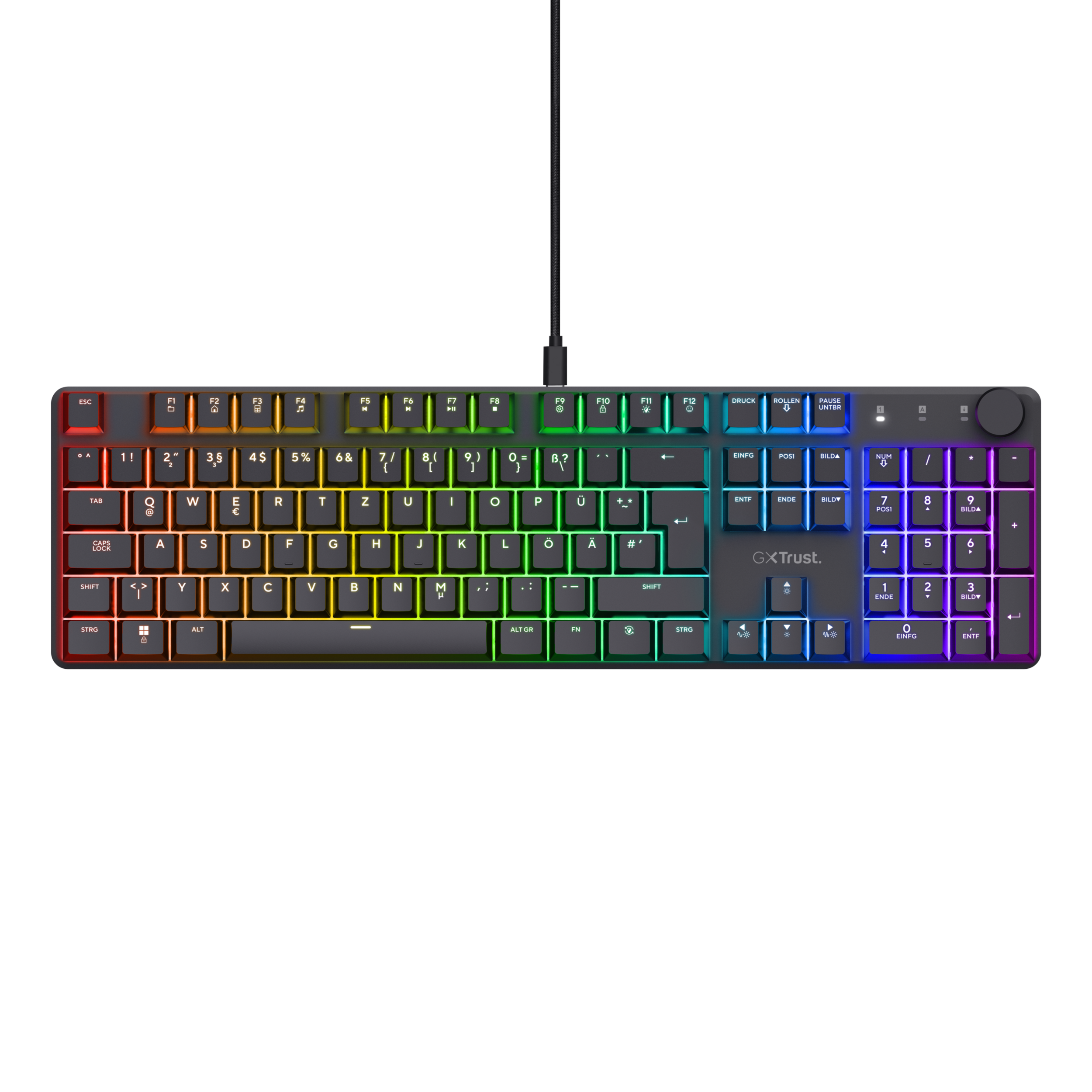 Klawiatura RGB z podświetlanymi klawiszami. Czarne klawisze z białymi literami.