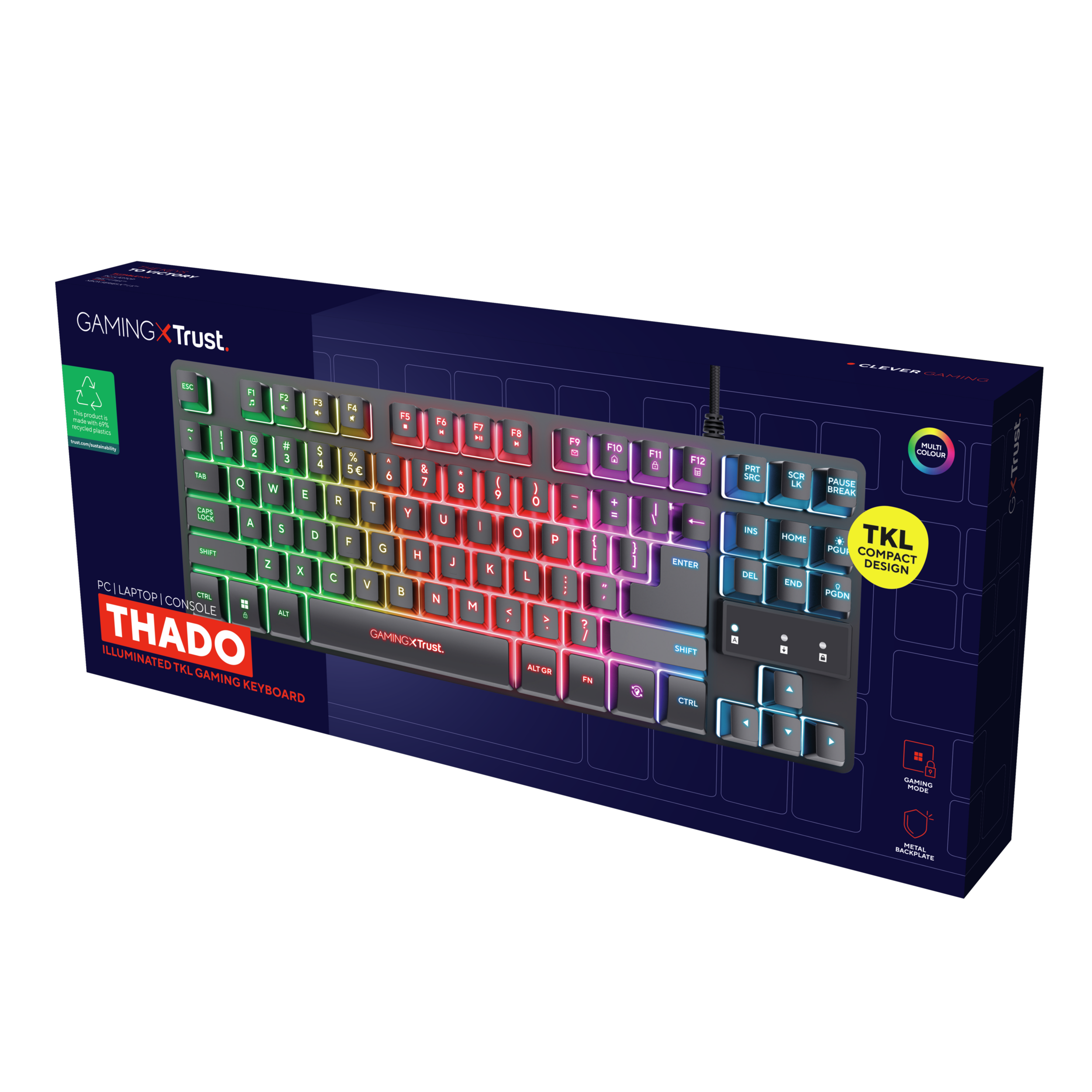 Klawiatura do gier w pudełku. Ma kolorowe klawisze i etykietę. Pudełko ma ciemne tło.