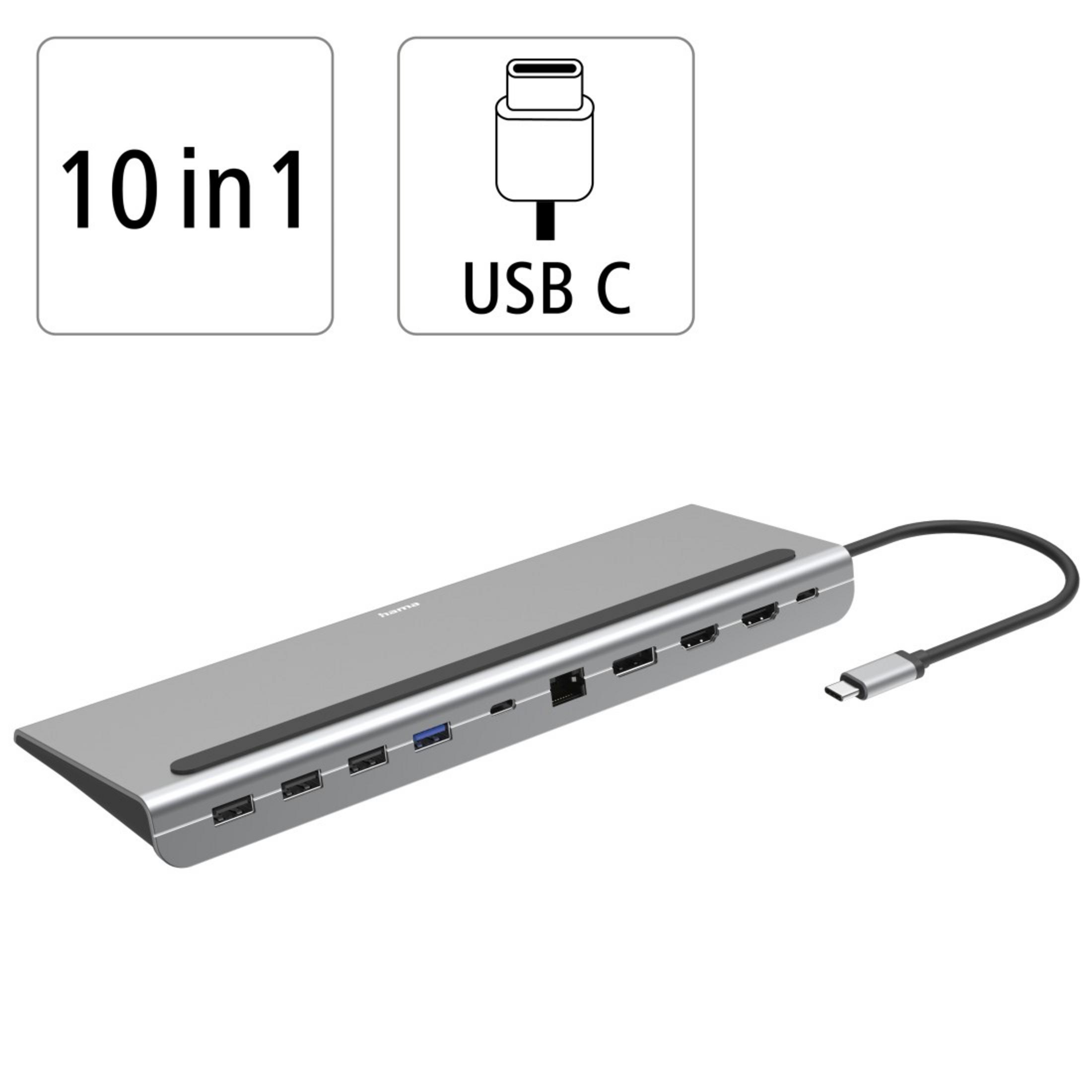 Srebrny, prostokątny hub USB-C z wieloma portami i etykietą '10 w 1'.