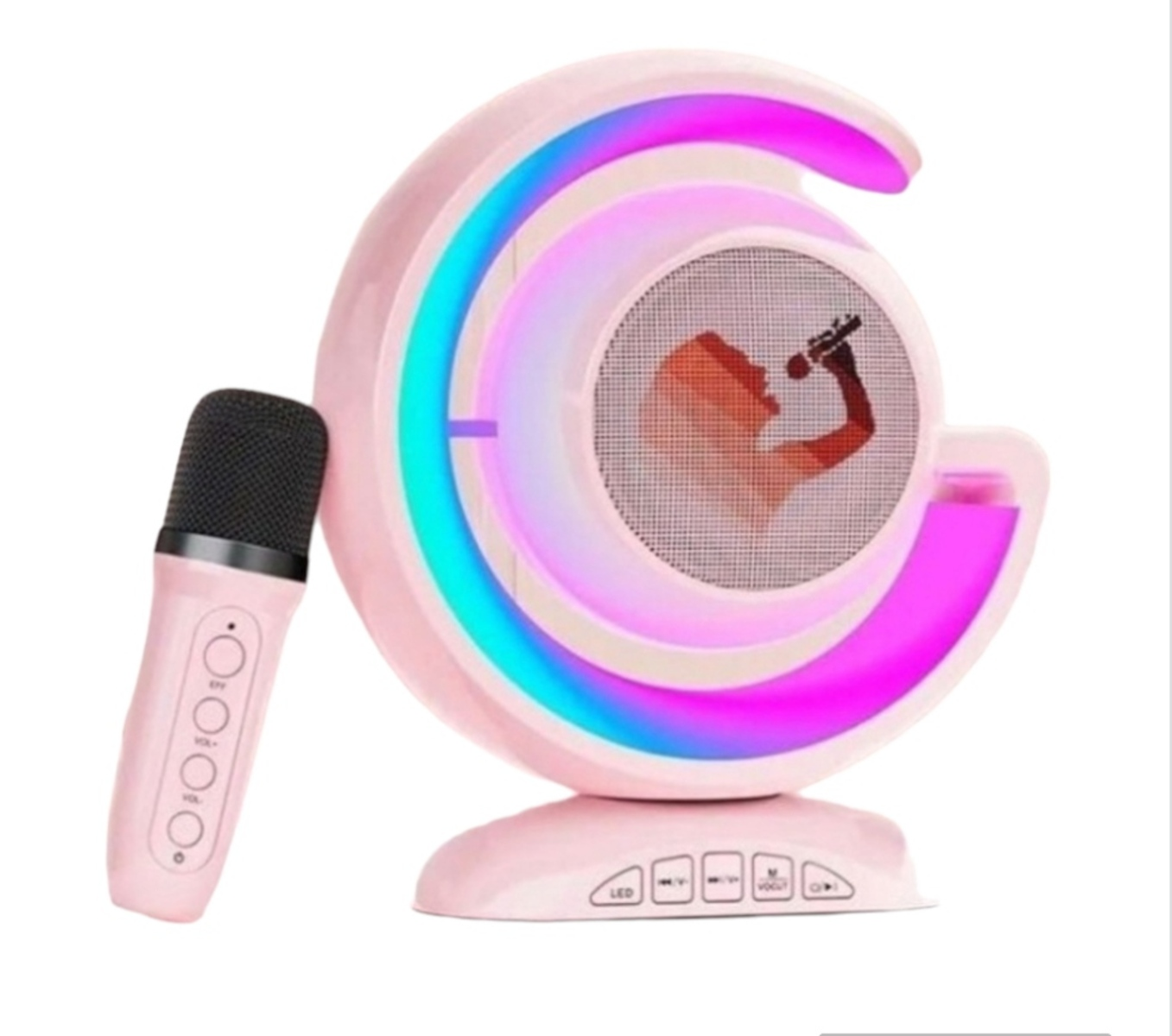 Una macchina per karaoke rosa con microfono. Ha una forma a mezzaluna con luci colorate e pulsanti.