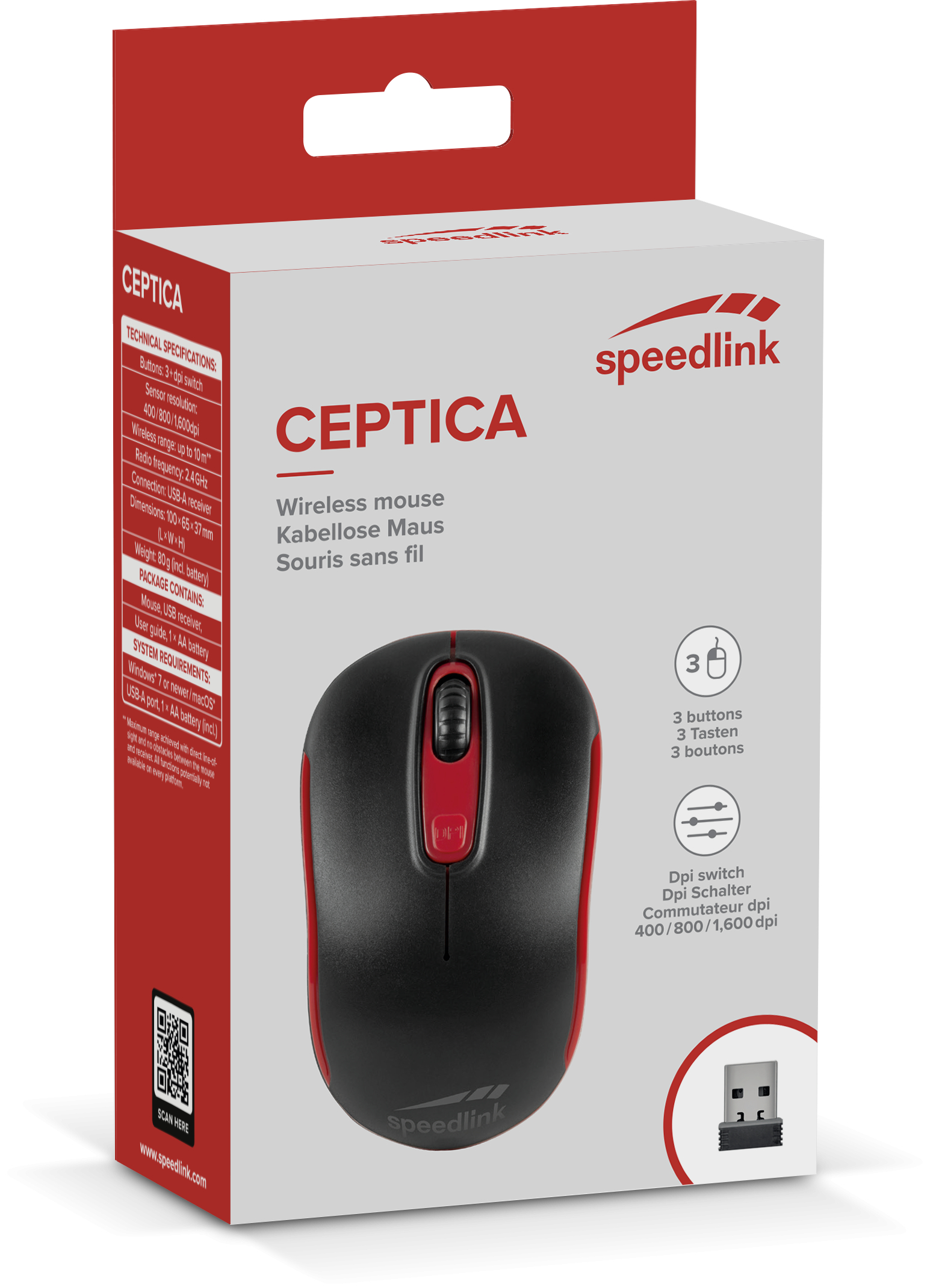 Draadloze muis in doos, zwart en rood. Inclusief USB-ontvanger.