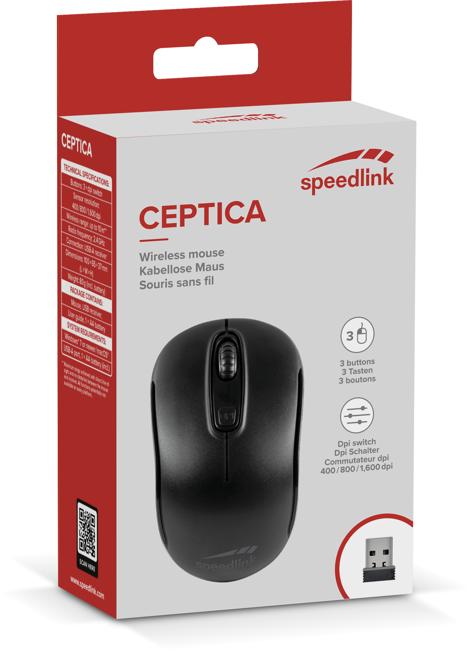 Pudełko czarnej myszy bezprzewodowej. Tekst: "Mysz bezprzewodowa" i "3 przyciski". Odbiornik USB widoczny.