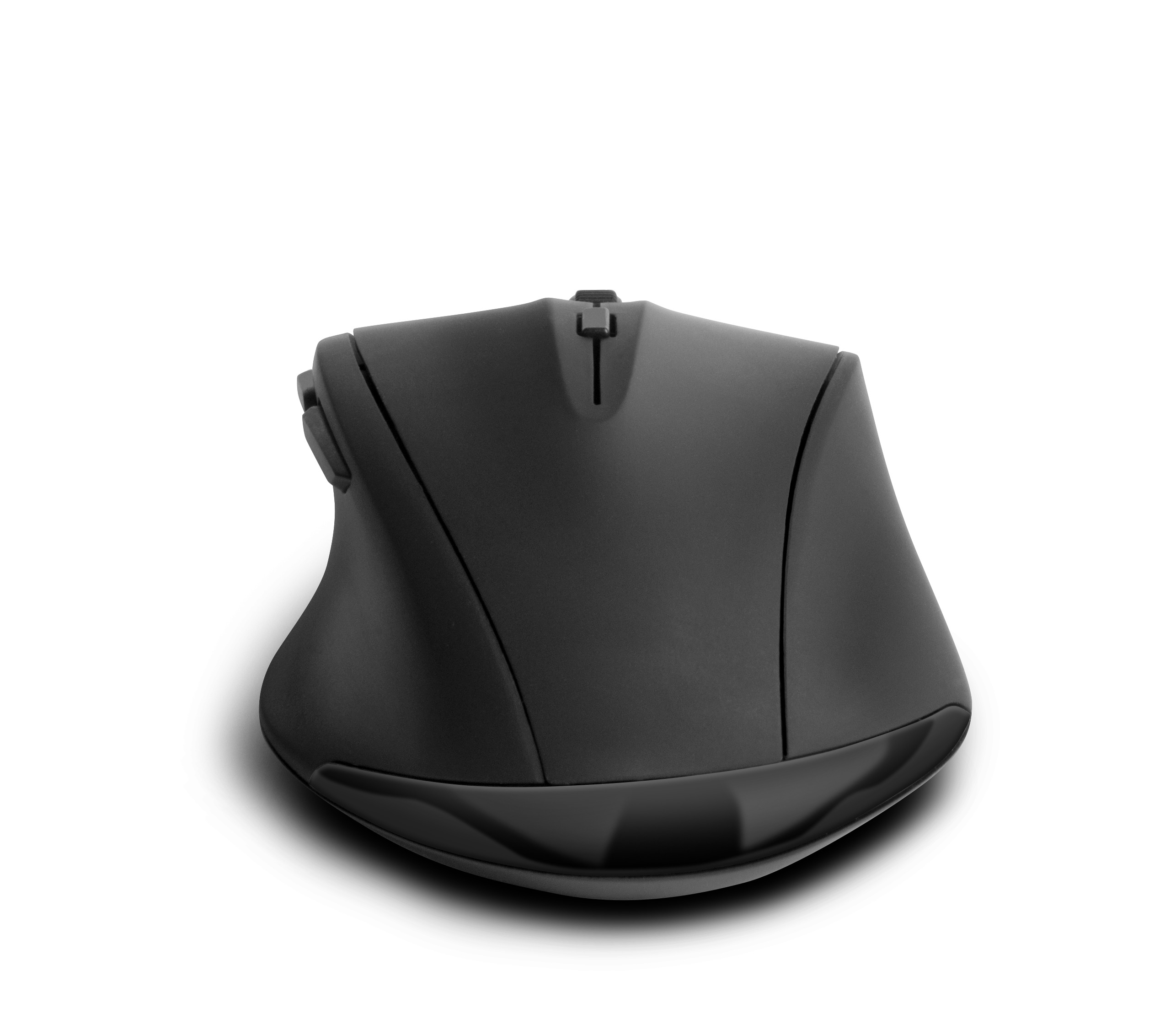 Czarna ergonomiczna mysz komputerowa na białym tle, zaprojektowana z myślą o komforcie.